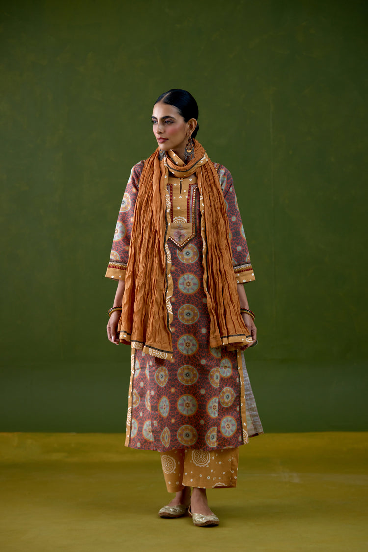 Rozana Linen Printed Kurta Peach Mustard (Set Of 3)