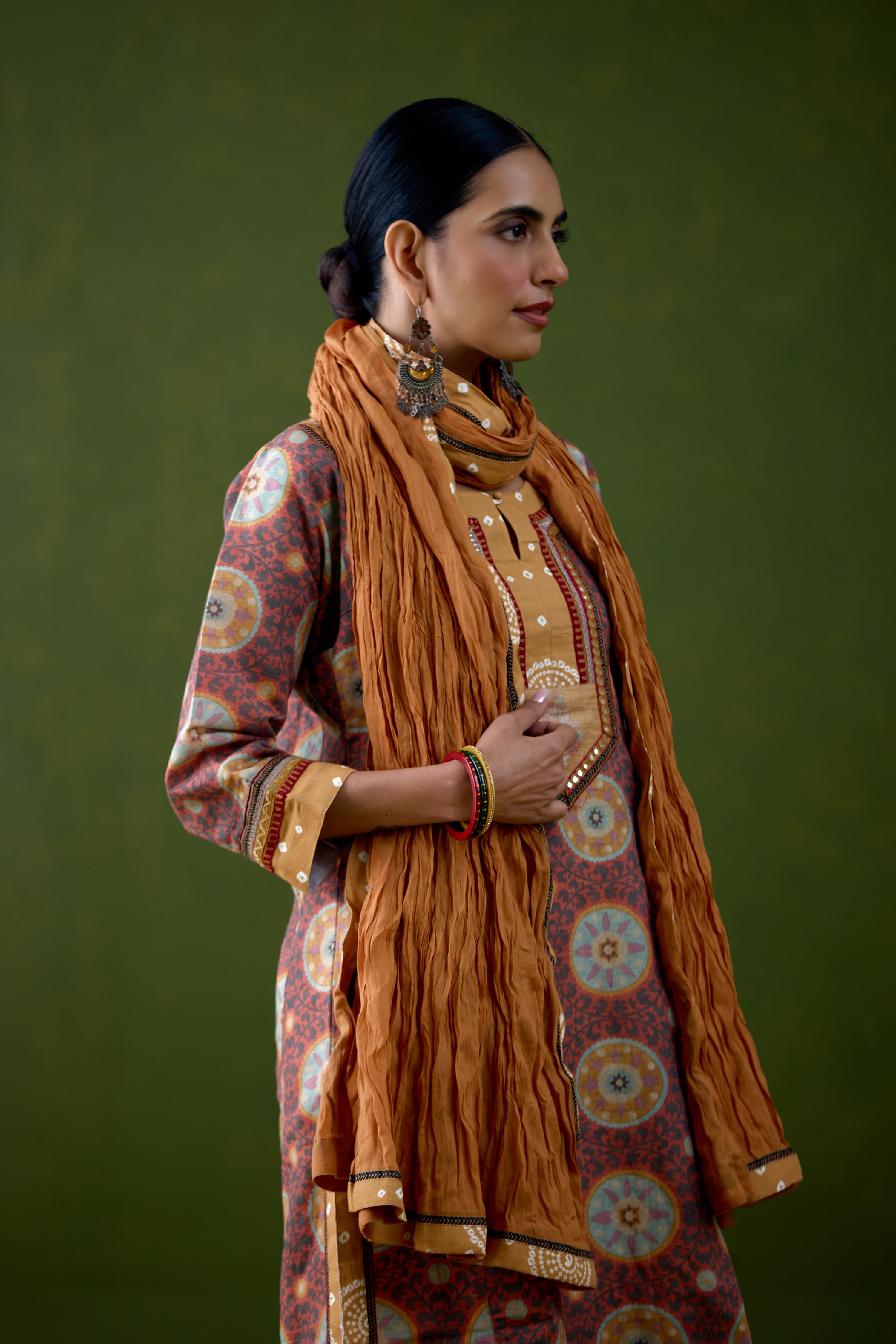 Rozana Linen Printed Kurta Peach Mustard