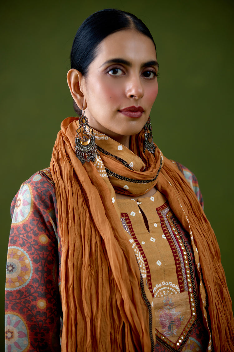 Rozana Linen Printed Kurta Peach Mustard (Set Of 3)