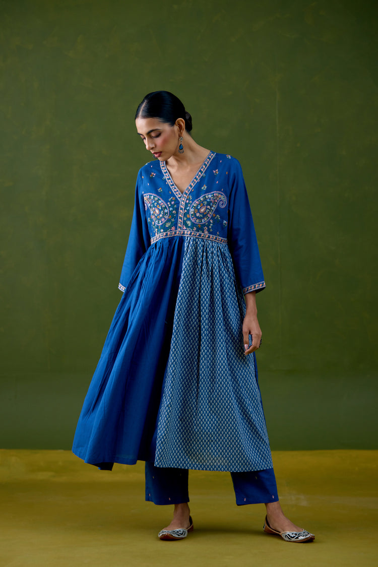 Soha Cotton Embroidered Kurta Blue (Set Of 3)
