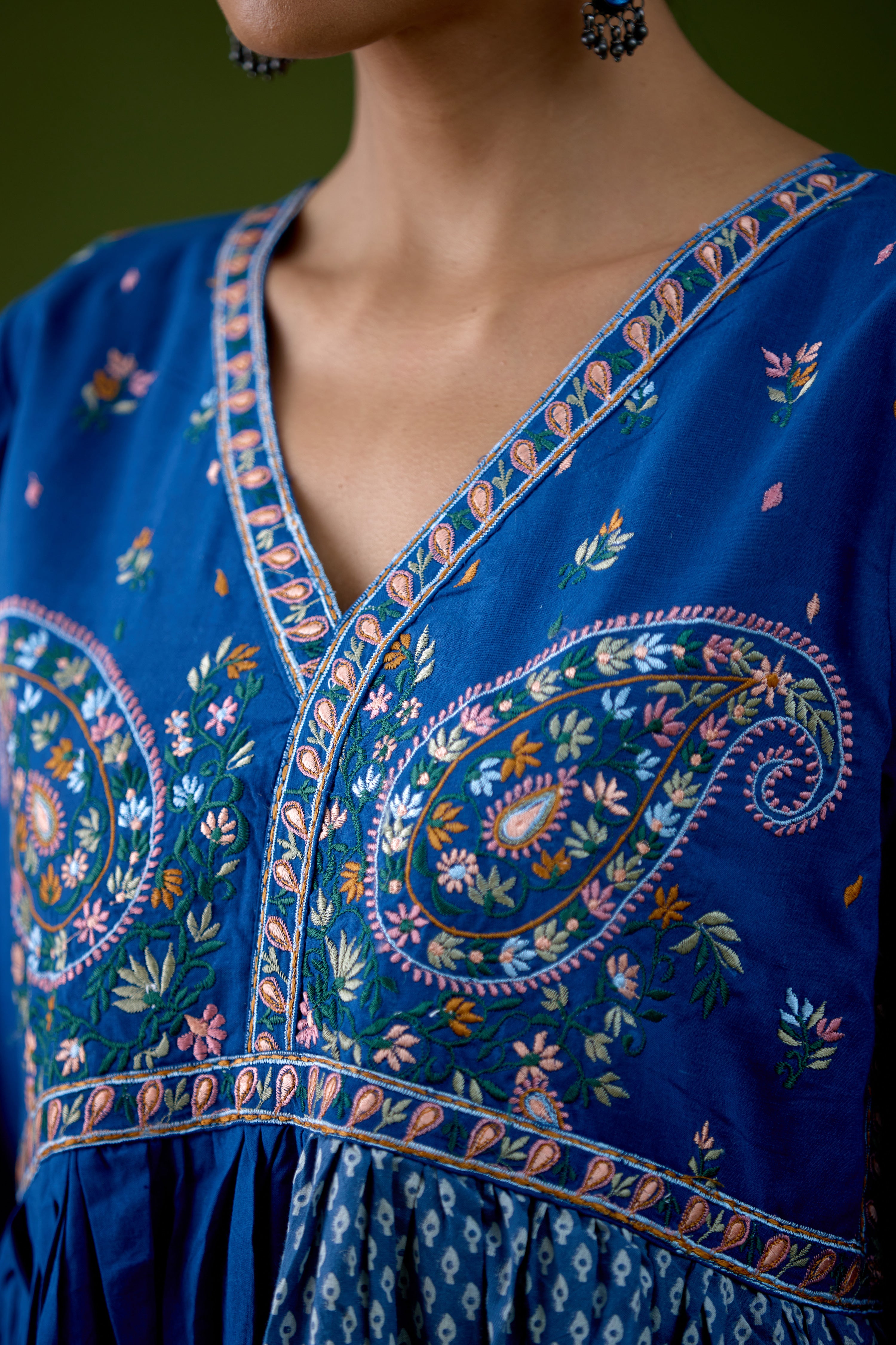 Soha Cotton Embroidered Kurta Blue (Set Of 3)