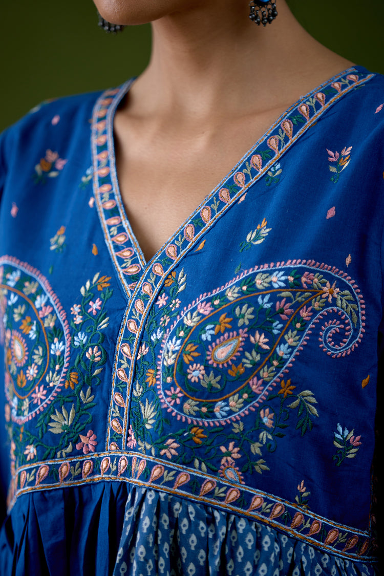 Soha Cotton Embroidered Kurta Blue (Set Of 3)