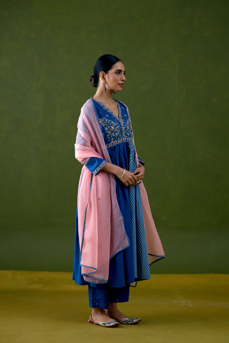 Soha Cotton Embroidered Kurta Blue (Set Of 3)