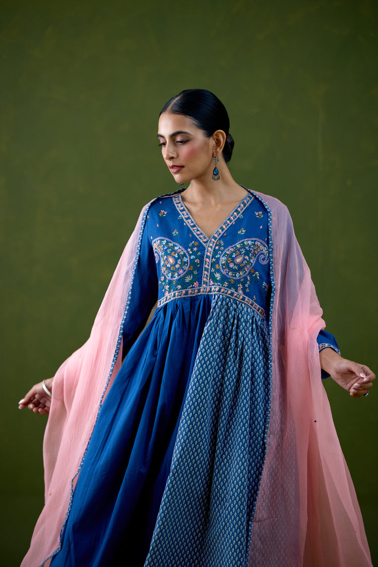 Soha Cotton Embroidered Kurta Blue (Set Of 3)