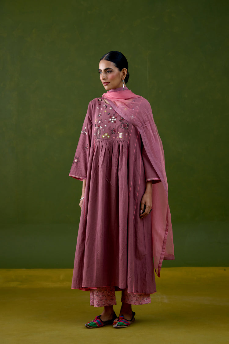 Dreamy Cotton Embroidered Kurta Light Purple (Set Of 3)