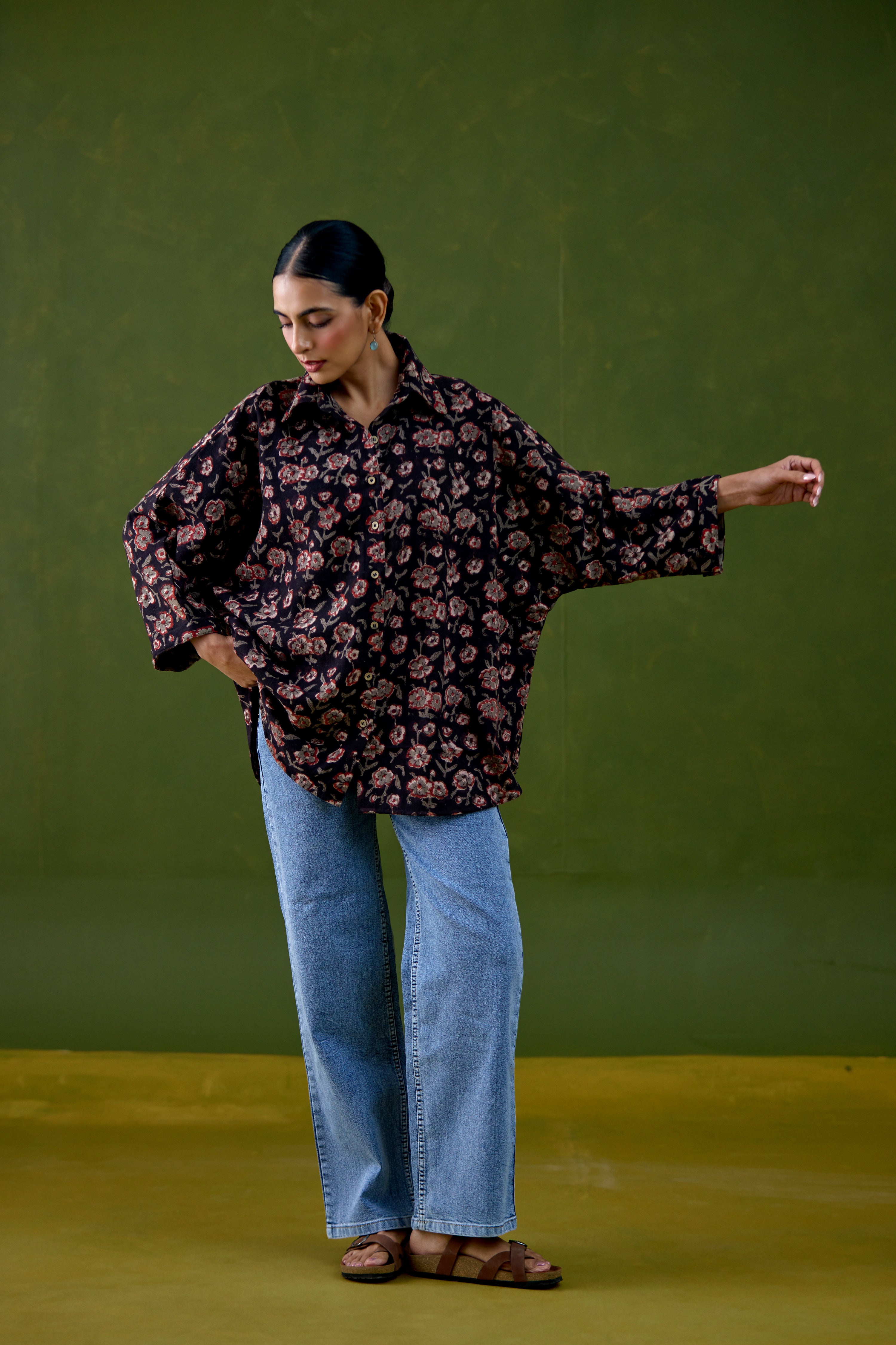 Anya Thick Cotton Printed Shirt Black