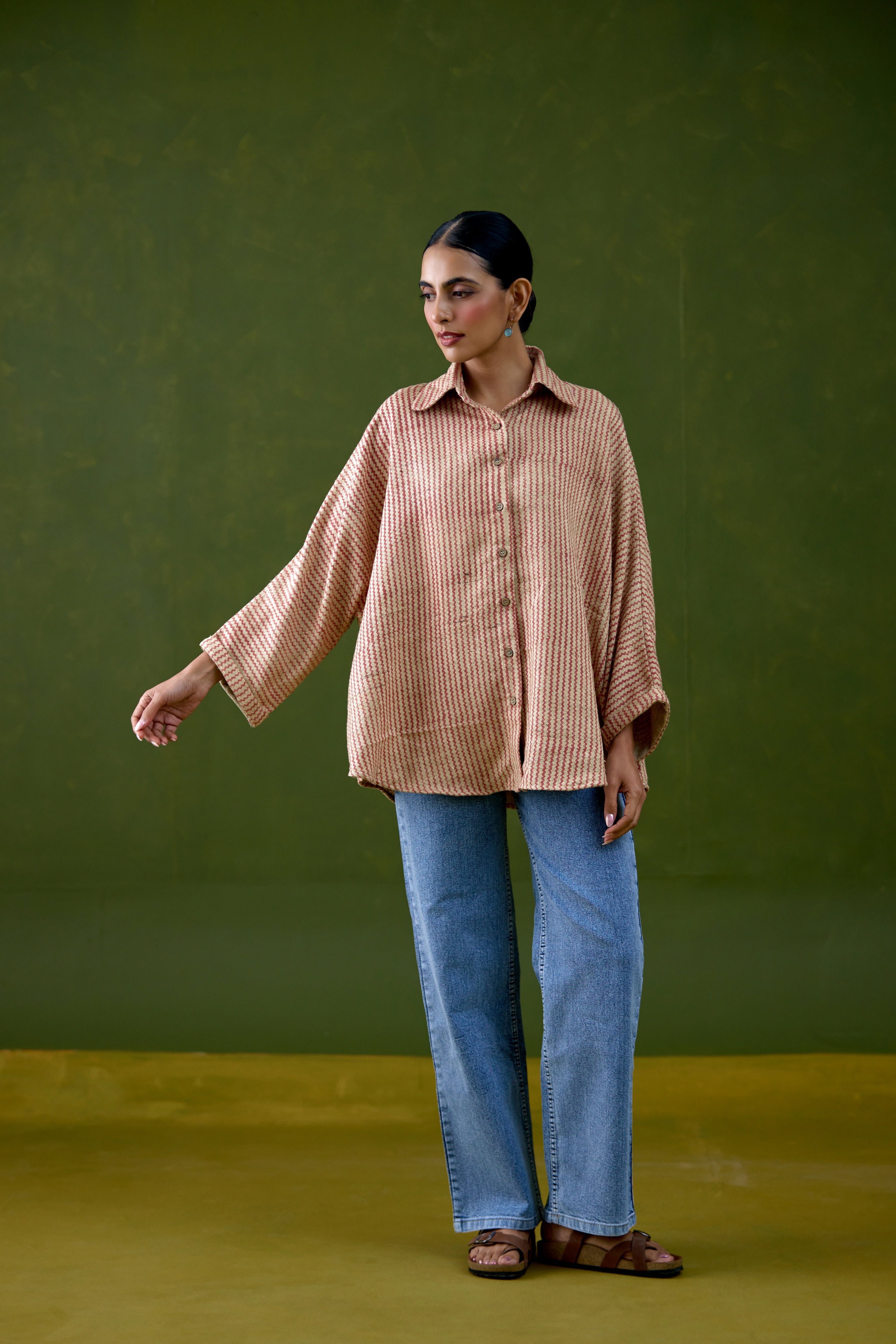 Anya Thick Cotton Printed Shirt Beige