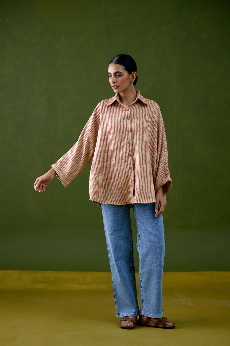 Anya Thick Cotton Printed Shirt Beige