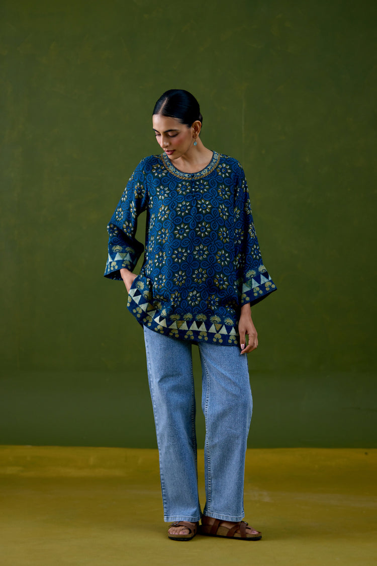 Elina Assam Silk Printed Kurti Blue