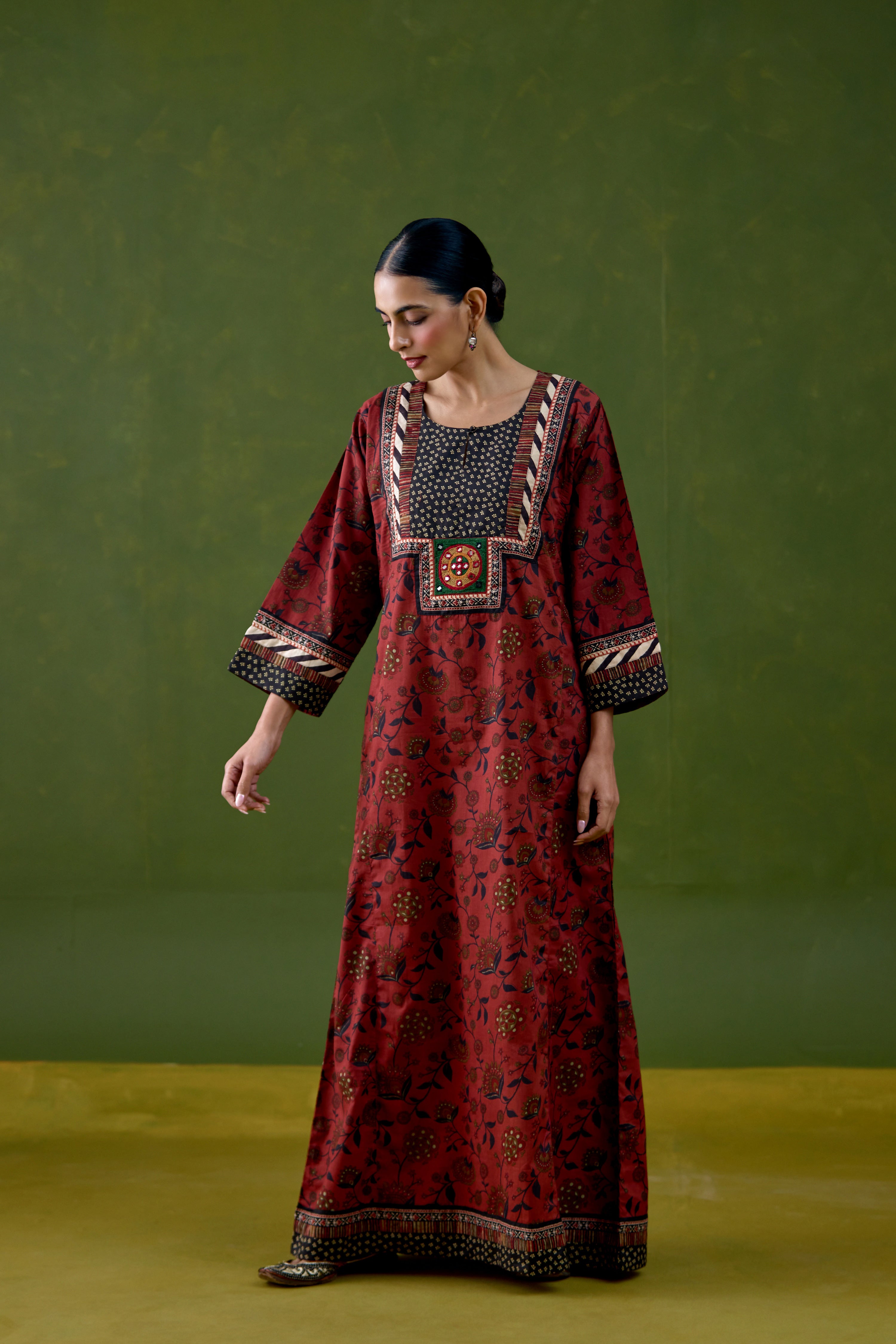 Rozana Cotton Printed Caftan Maroon