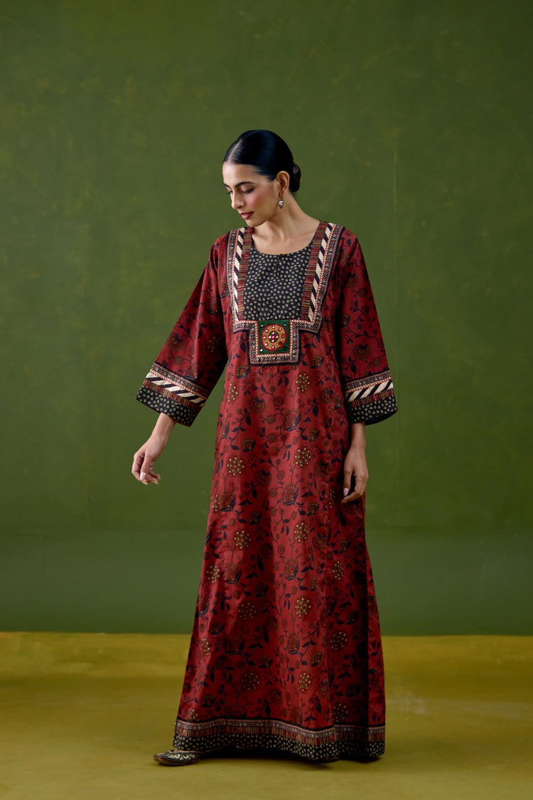 Rozana Cotton Printed Caftan Maroon