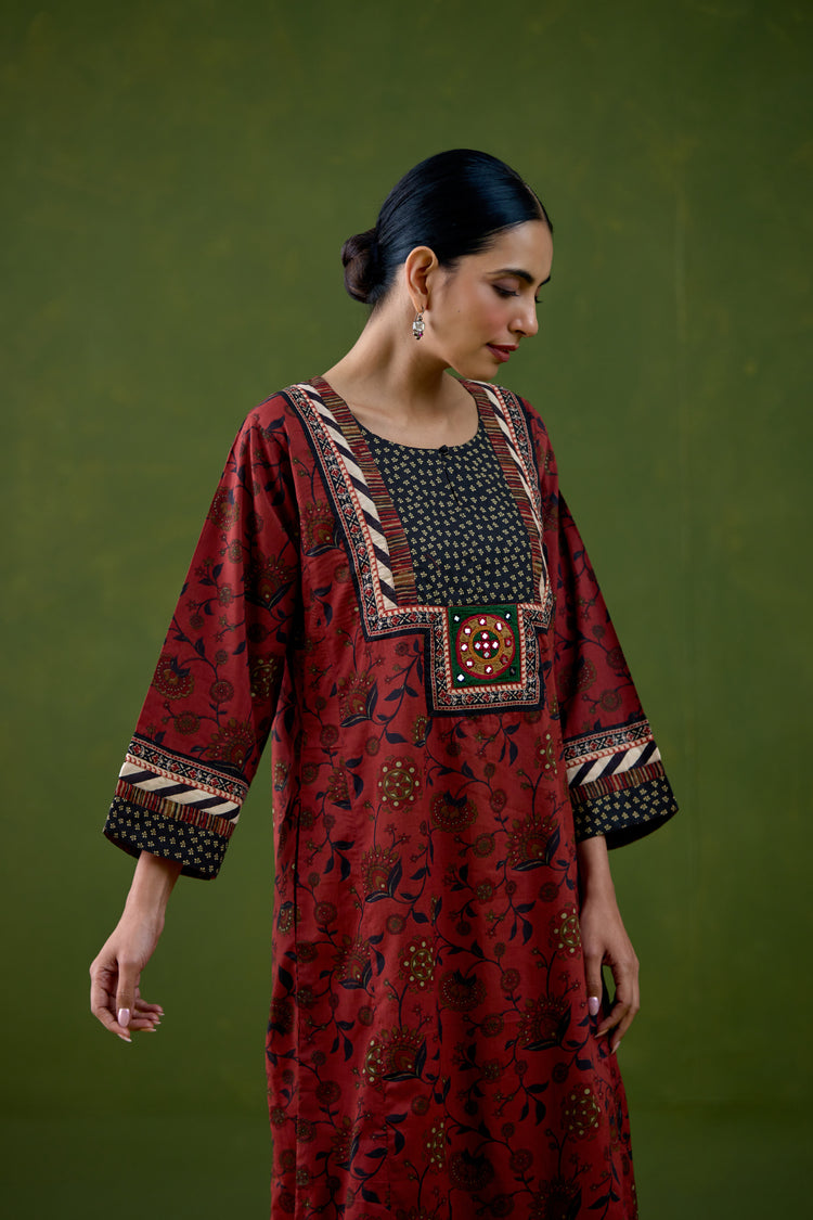 Rozana Cotton Printed Caftan Maroon