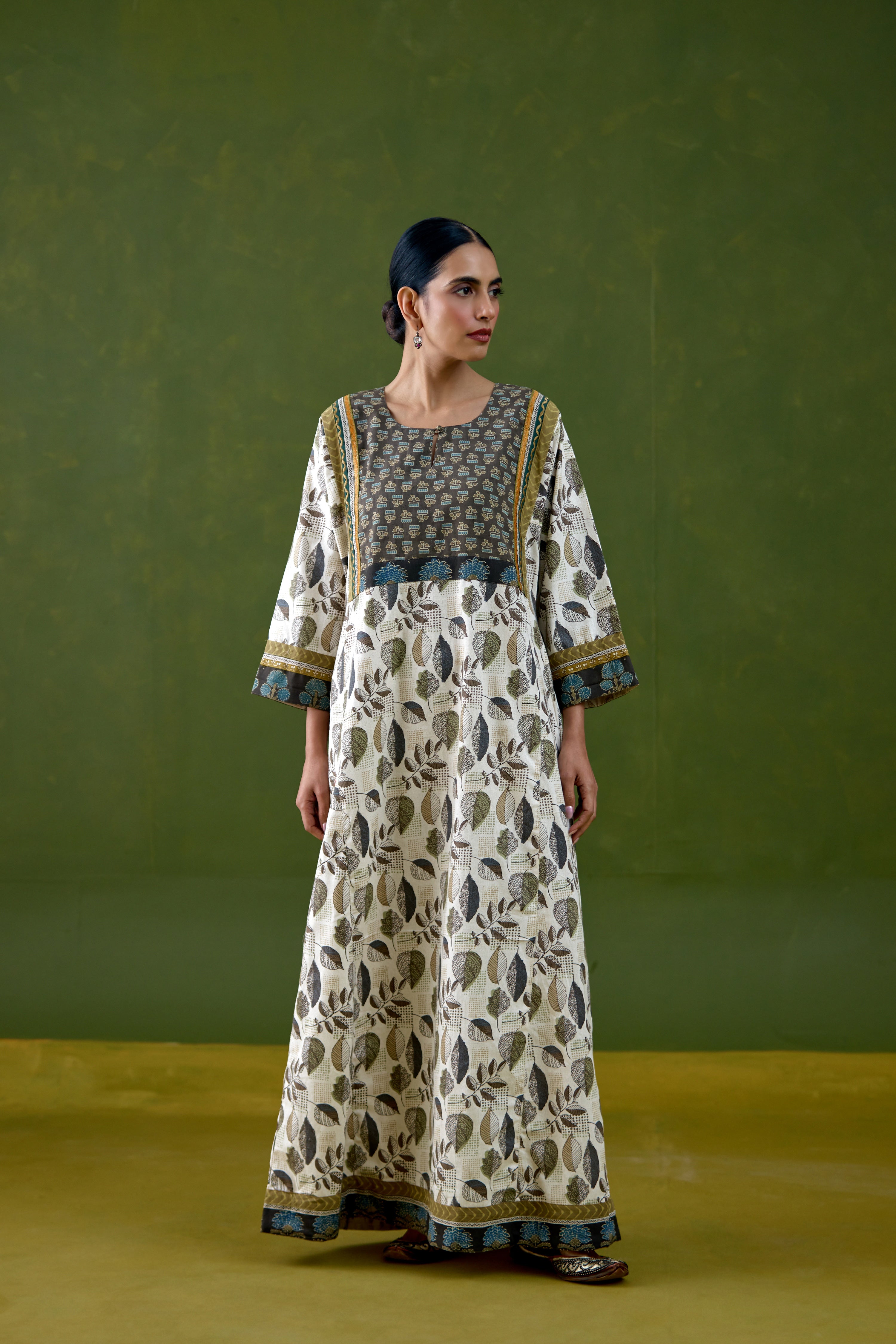 Rozana Cotton Slub Printed Caftan Off White Grey