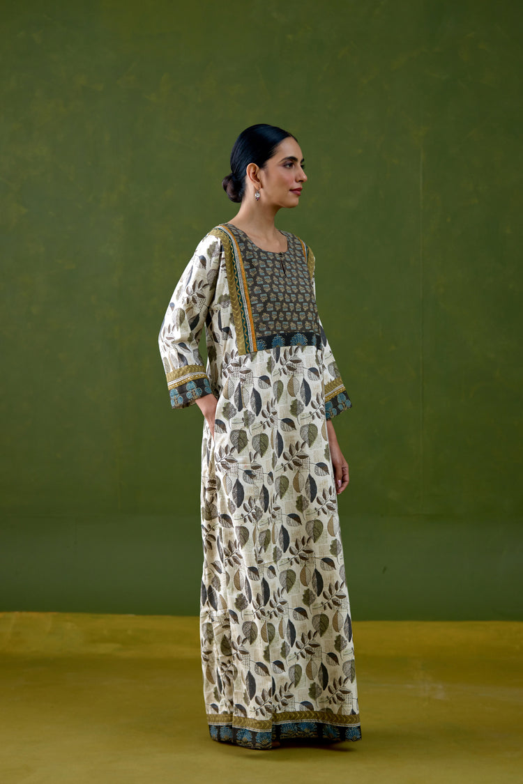 Rozana Cotton Slub Printed Caftan Off White Grey