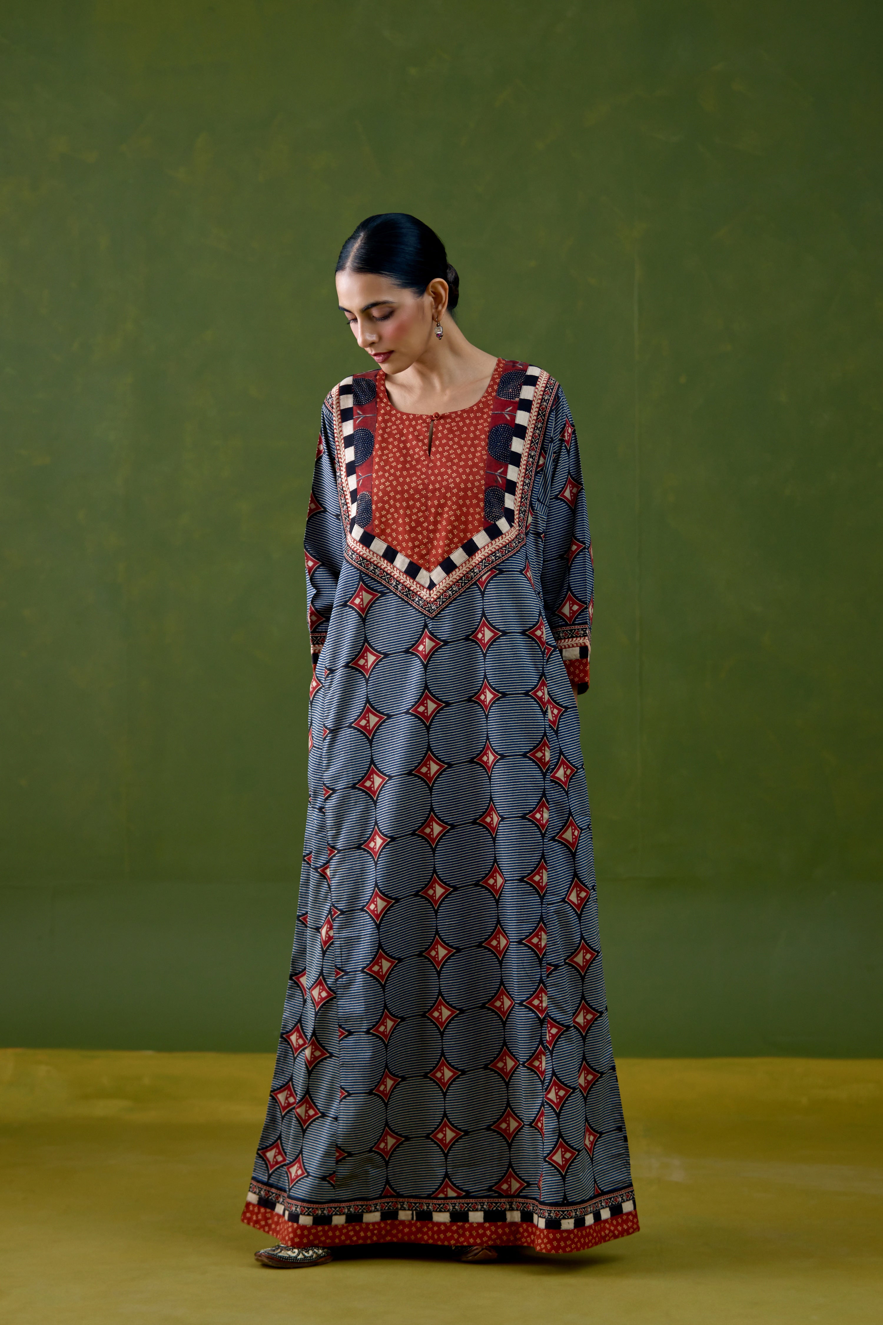 Rozana Cotton Printed Caftan Blue Rust