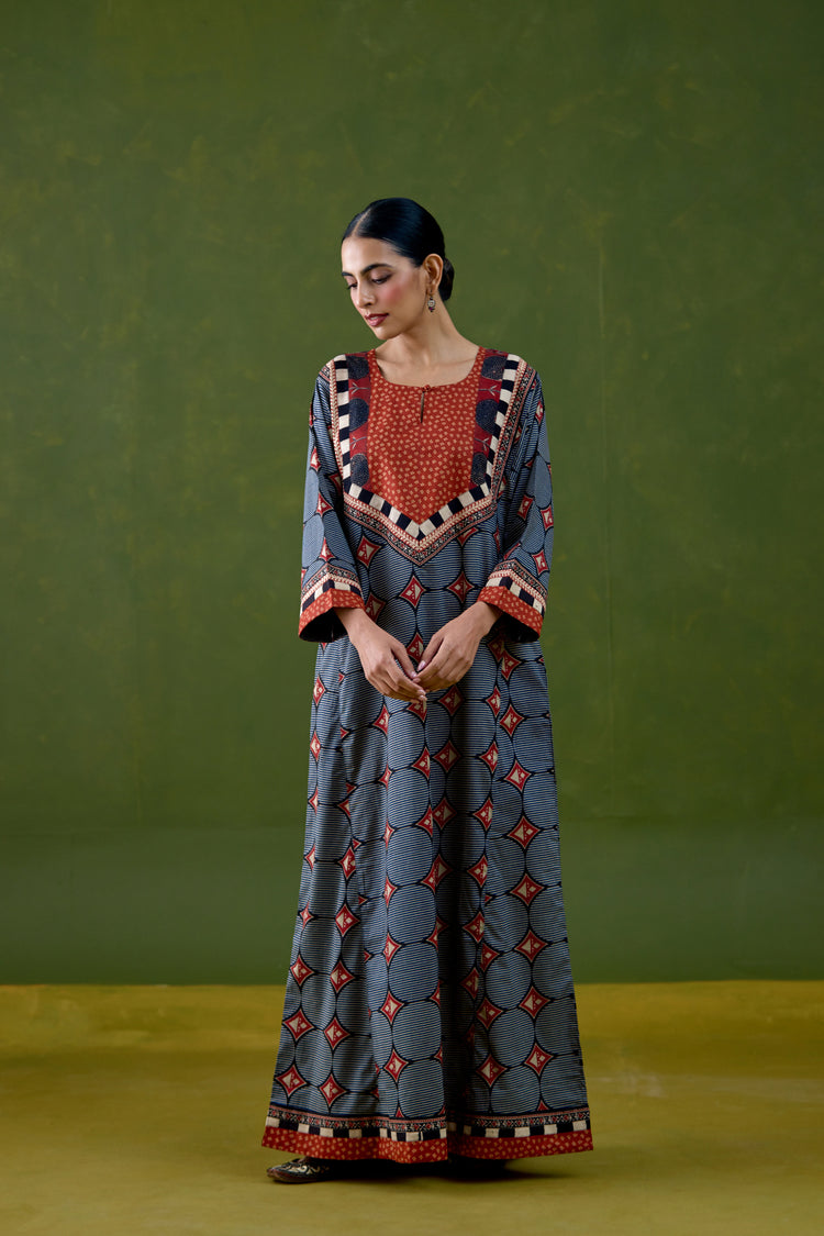 Rozana Cotton Printed Caftan Blue Rust