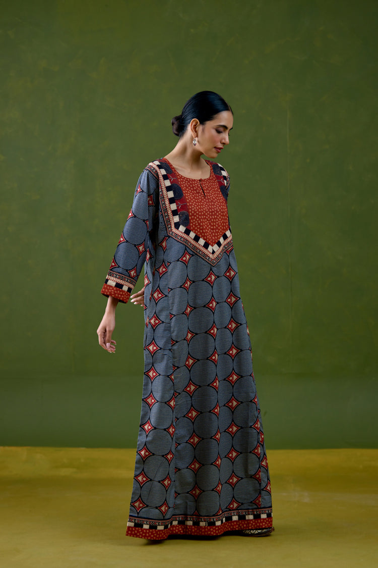 Rozana Cotton Printed Caftan Blue Rust