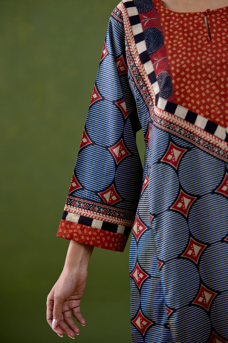 Rozana Cotton Printed Caftan Blue Rust