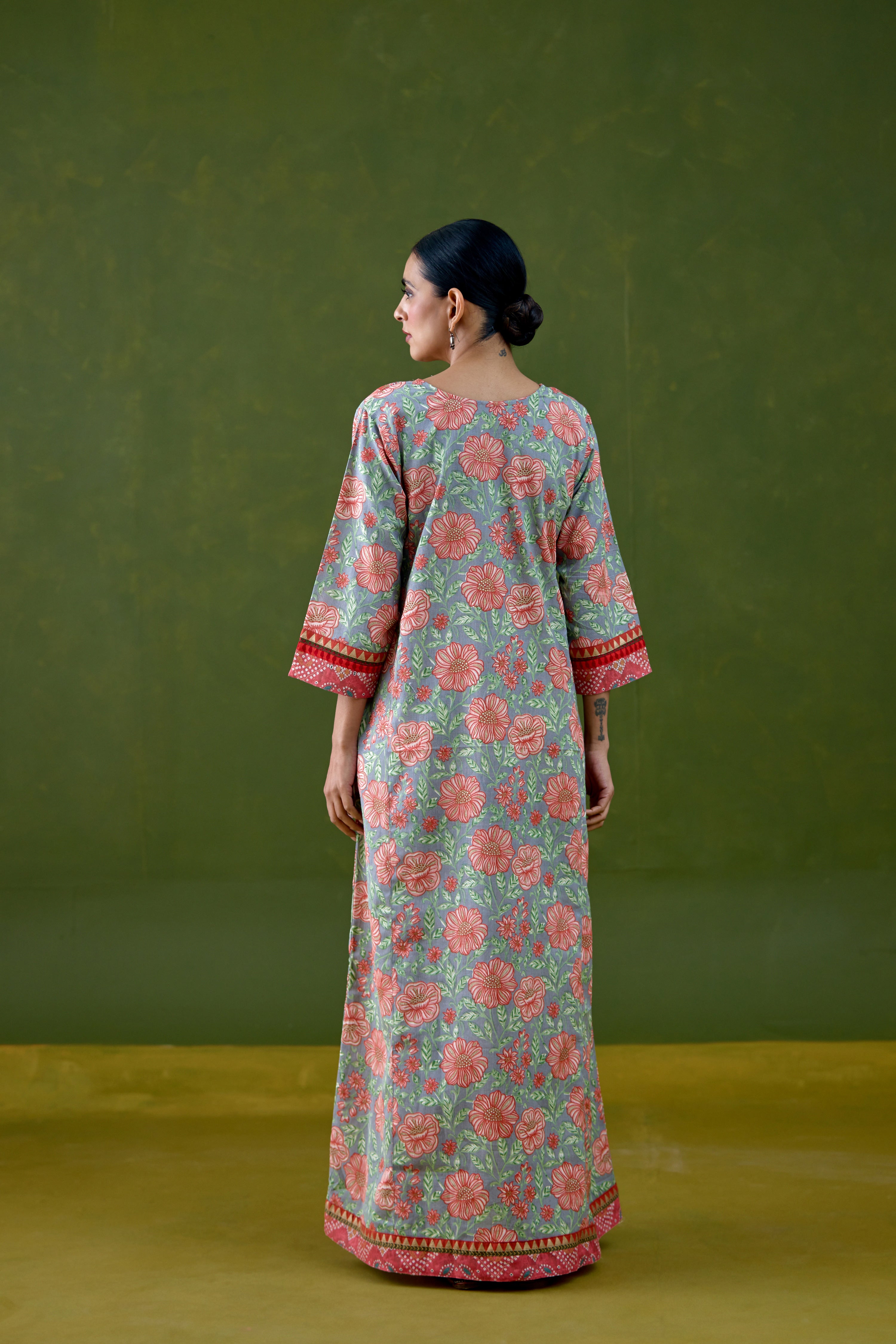 Rozana Cotton Slub Printed Caftan Grey Peach