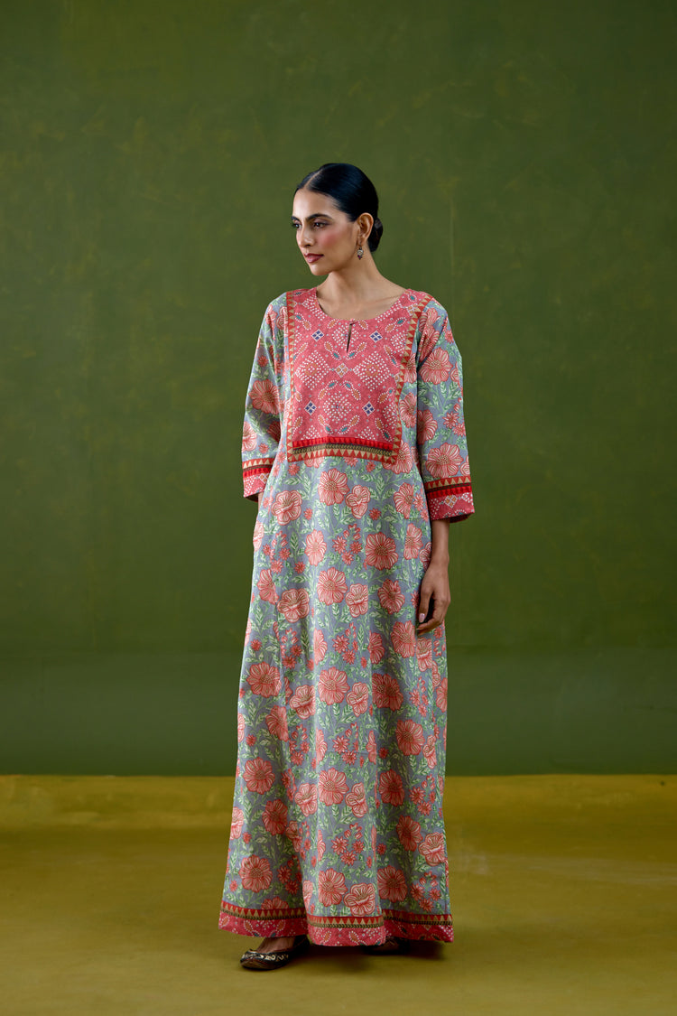 Rozana Cotton Slub Printed Caftan Grey Peach