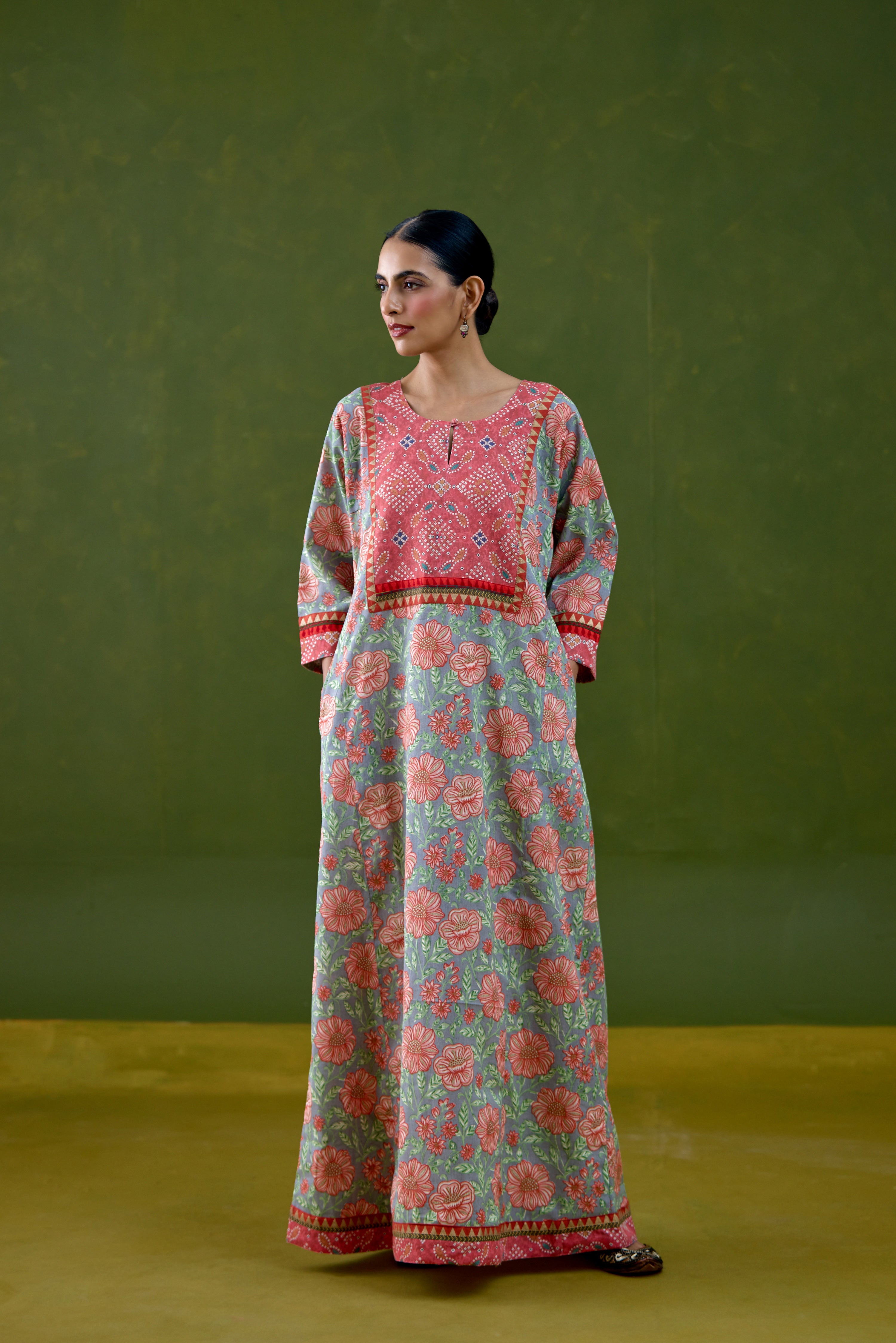 Rozana Cotton Slub Printed Caftan Grey Peach