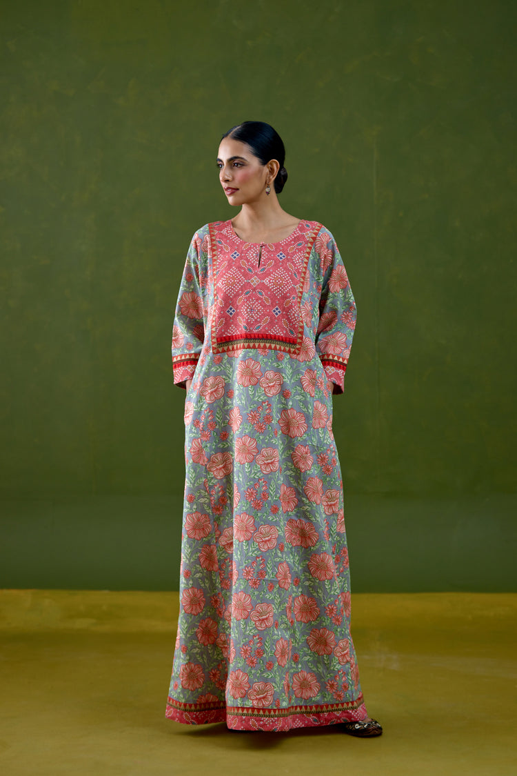 Rozana Cotton Slub Printed Caftan Grey Peach