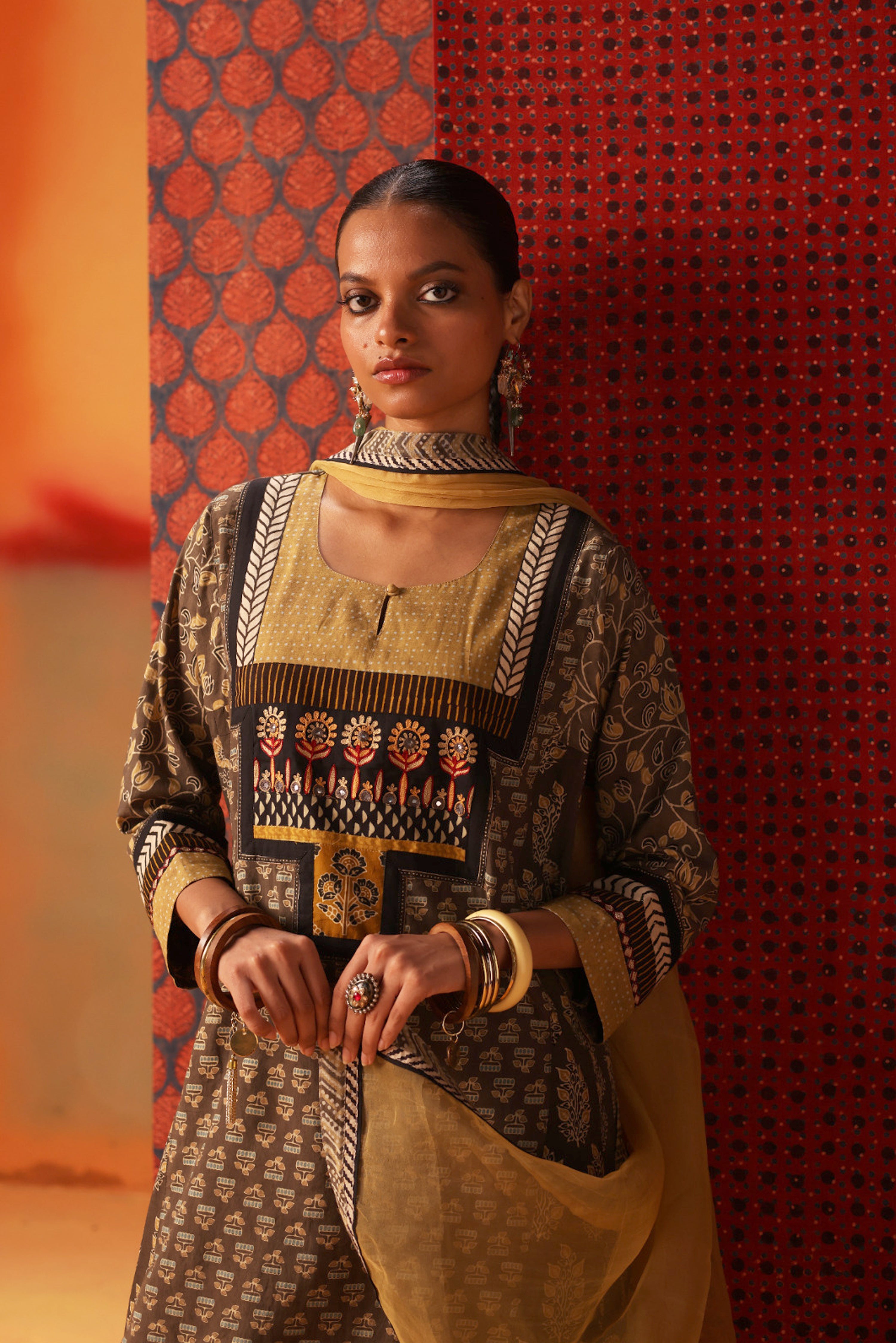 Adya Cotton Ajrakh Block Printed Kurta Grey Ochre (10039425007915)