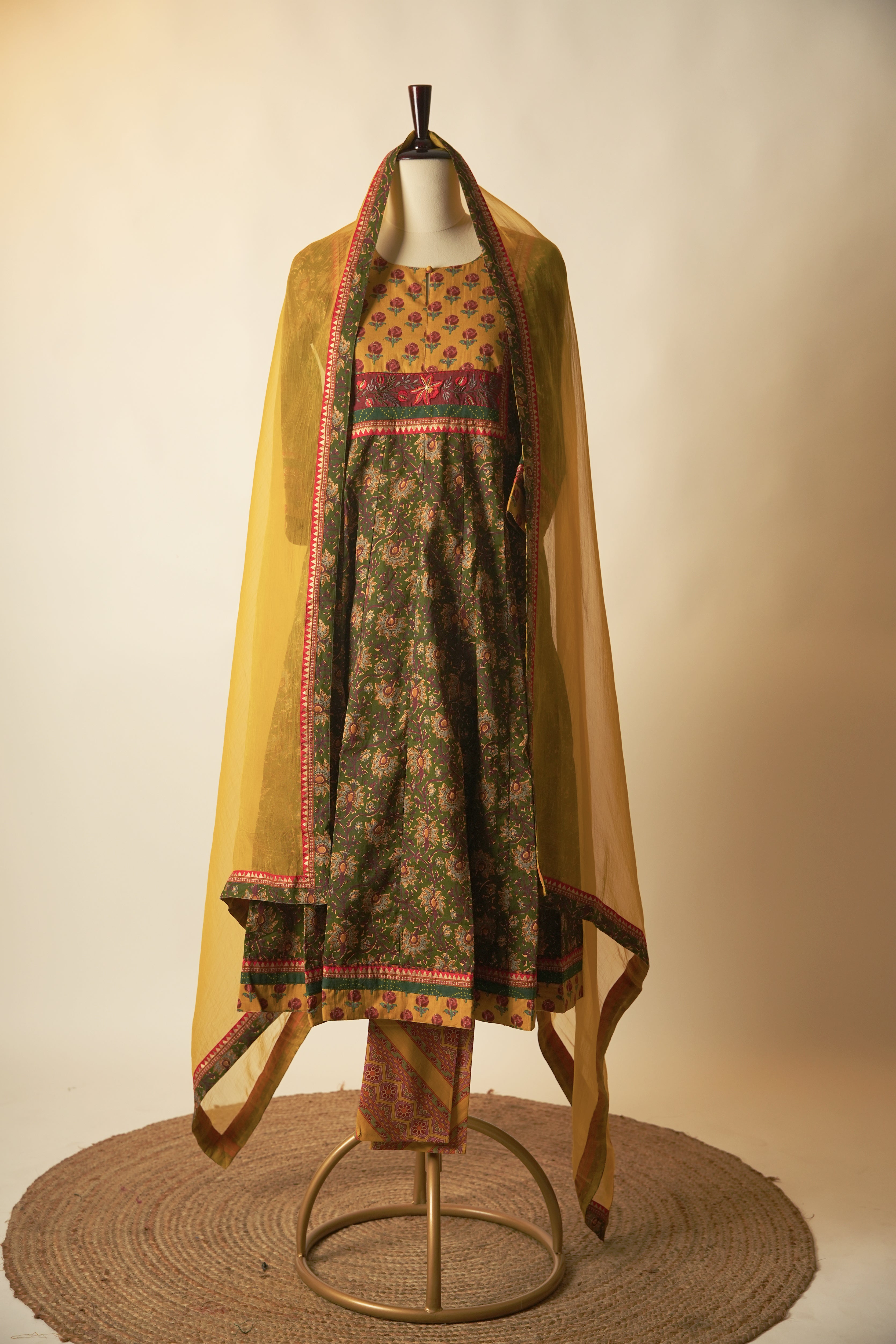 Cotton Printed Crinkled Anarkali Kurta Green