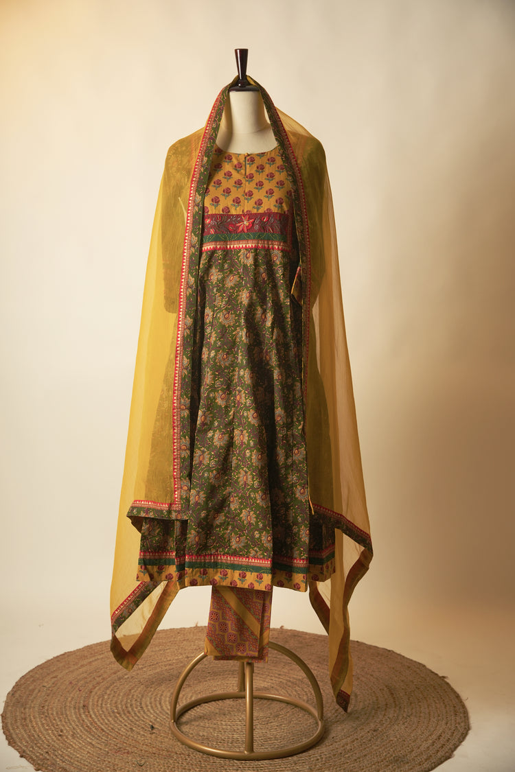 Cotton Printed Crinkled Anarkali Kurta Green