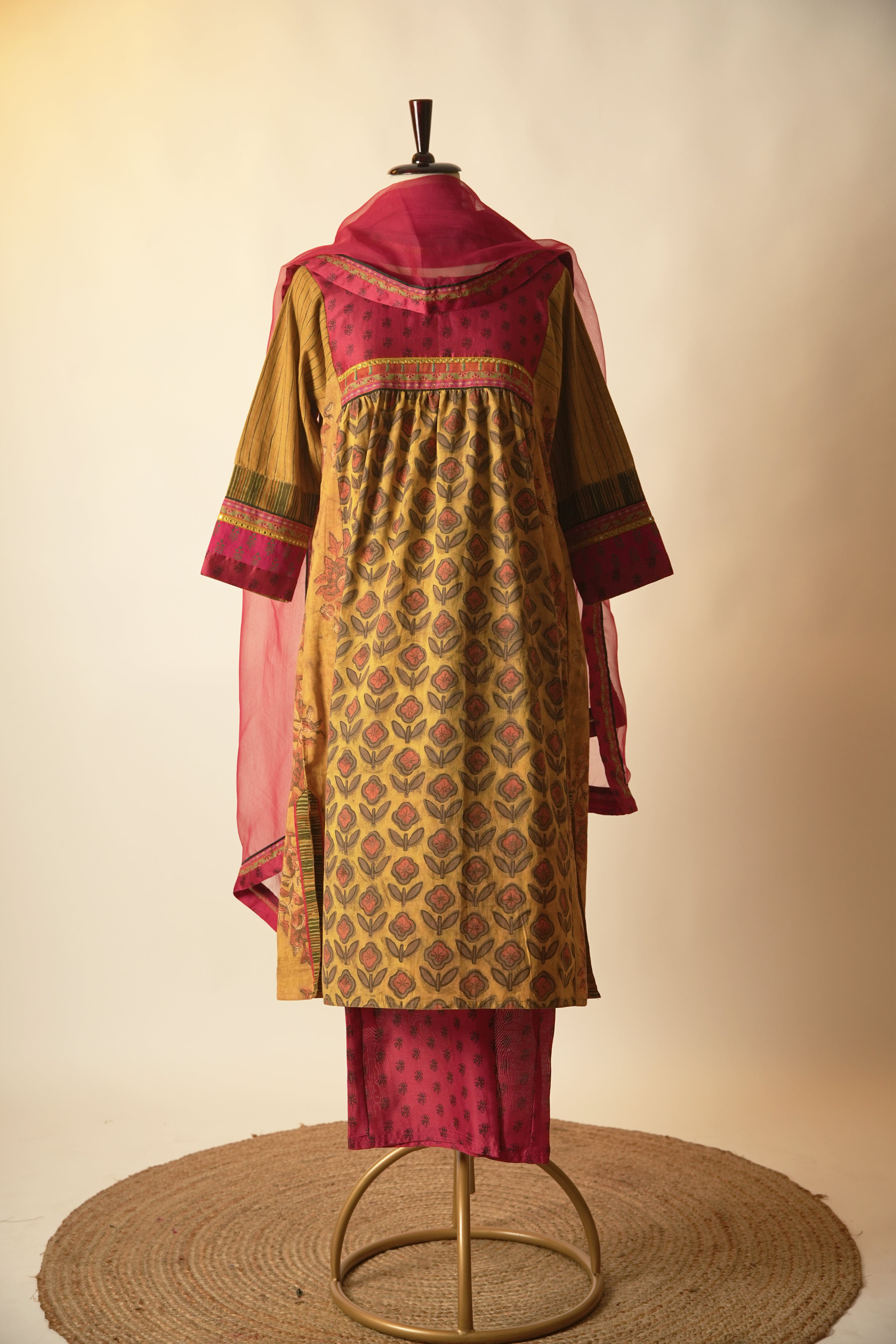 Banjara Hand Embroidered Ajrakh Cotton Kurta Mustard