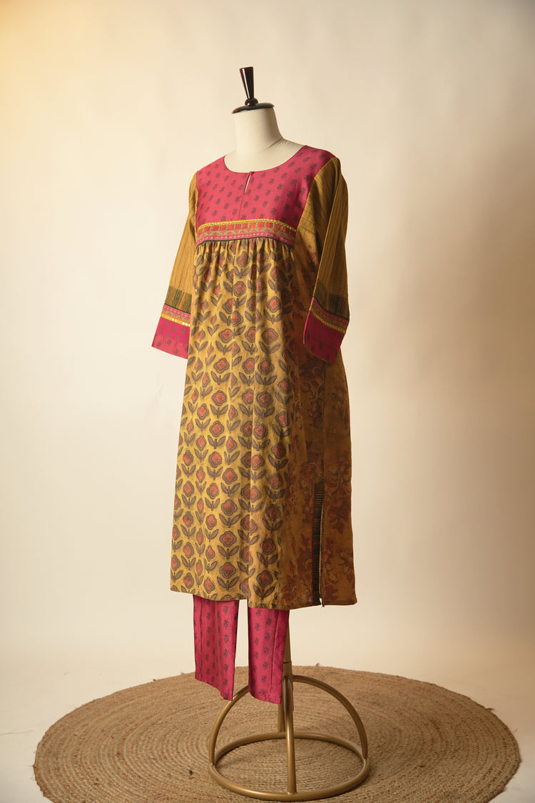 Banjara Hand Embroidered Ajrakh Cotton Kurta Mustard