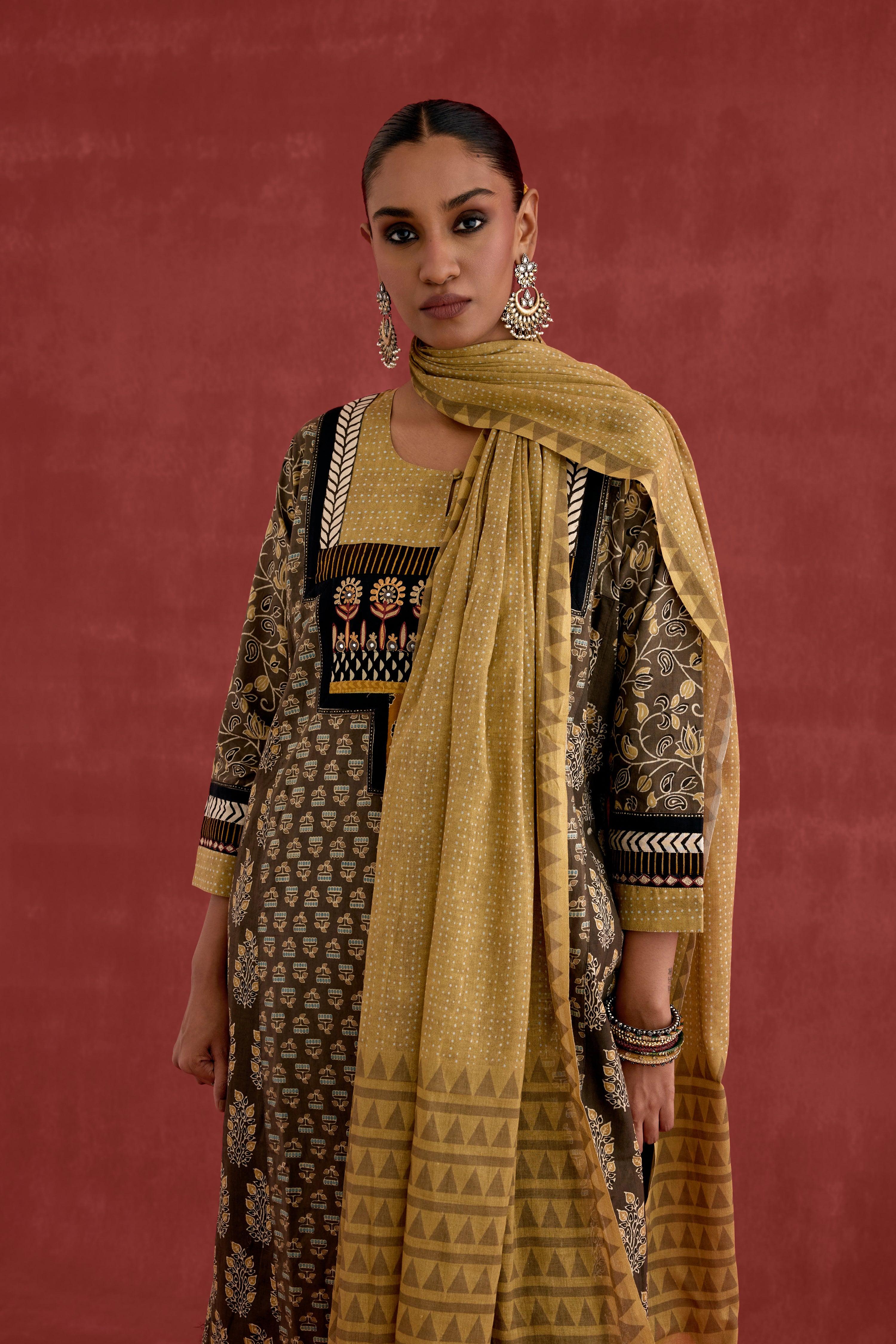 Adya Cotton Ajrakh Block Printed Kurta Grey Ochre (10039425007915)