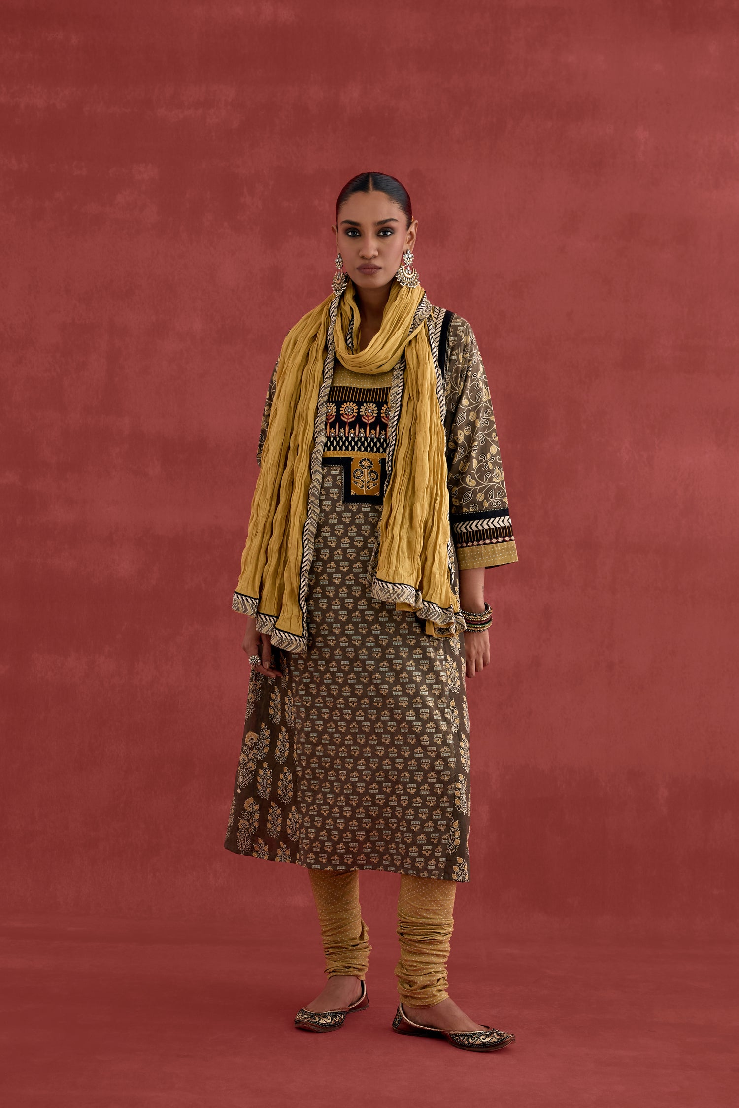Adya Cotton Ajrakh Block Printed Kurta Grey Ochre (10039425007915)