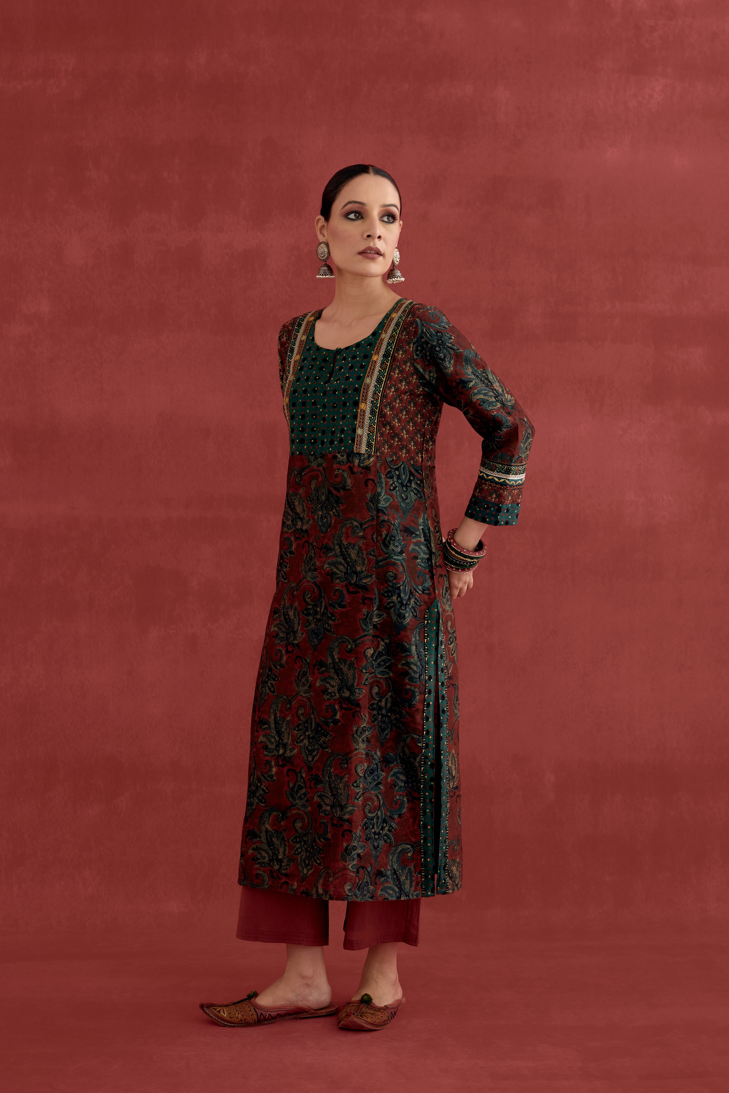 Elina Chanderi Vanaspati Block Printed Kurta Rust Green (10040336875819)