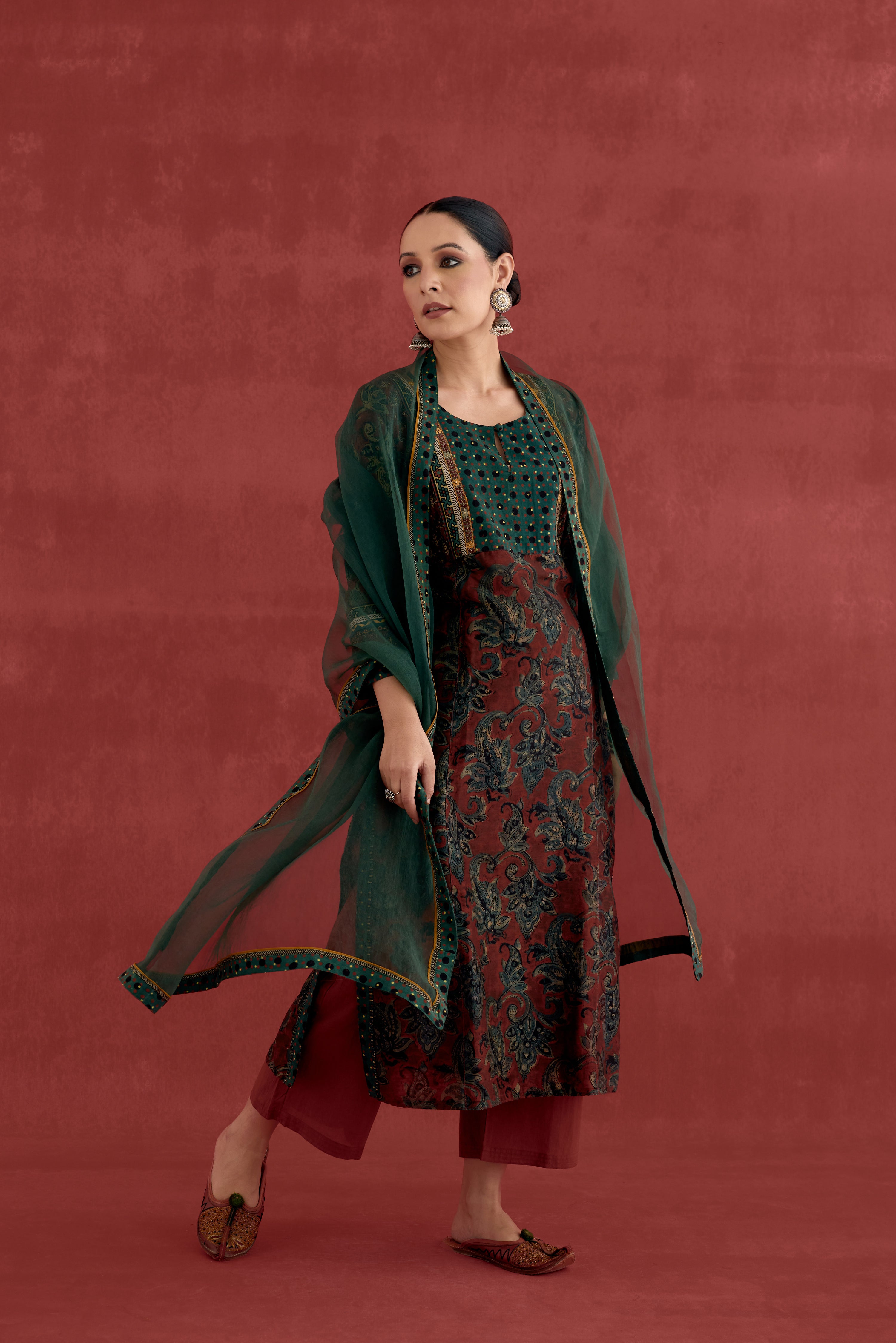 Elina Chanderi Vanaspati Block Printed Kurta Rust Green (10040336875819)