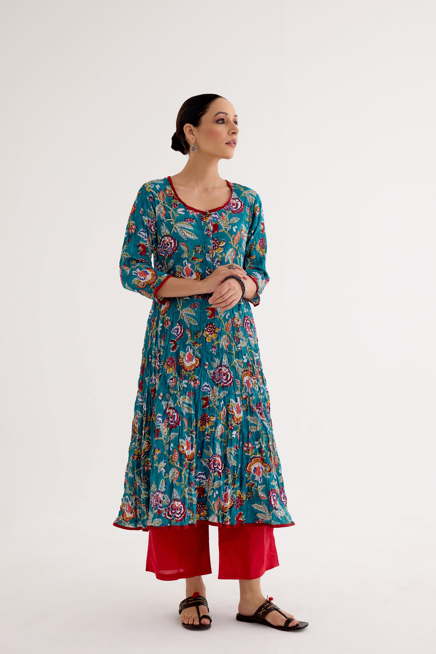 Tropical Block Printed Kurta Sea Green Red (10040145051947)