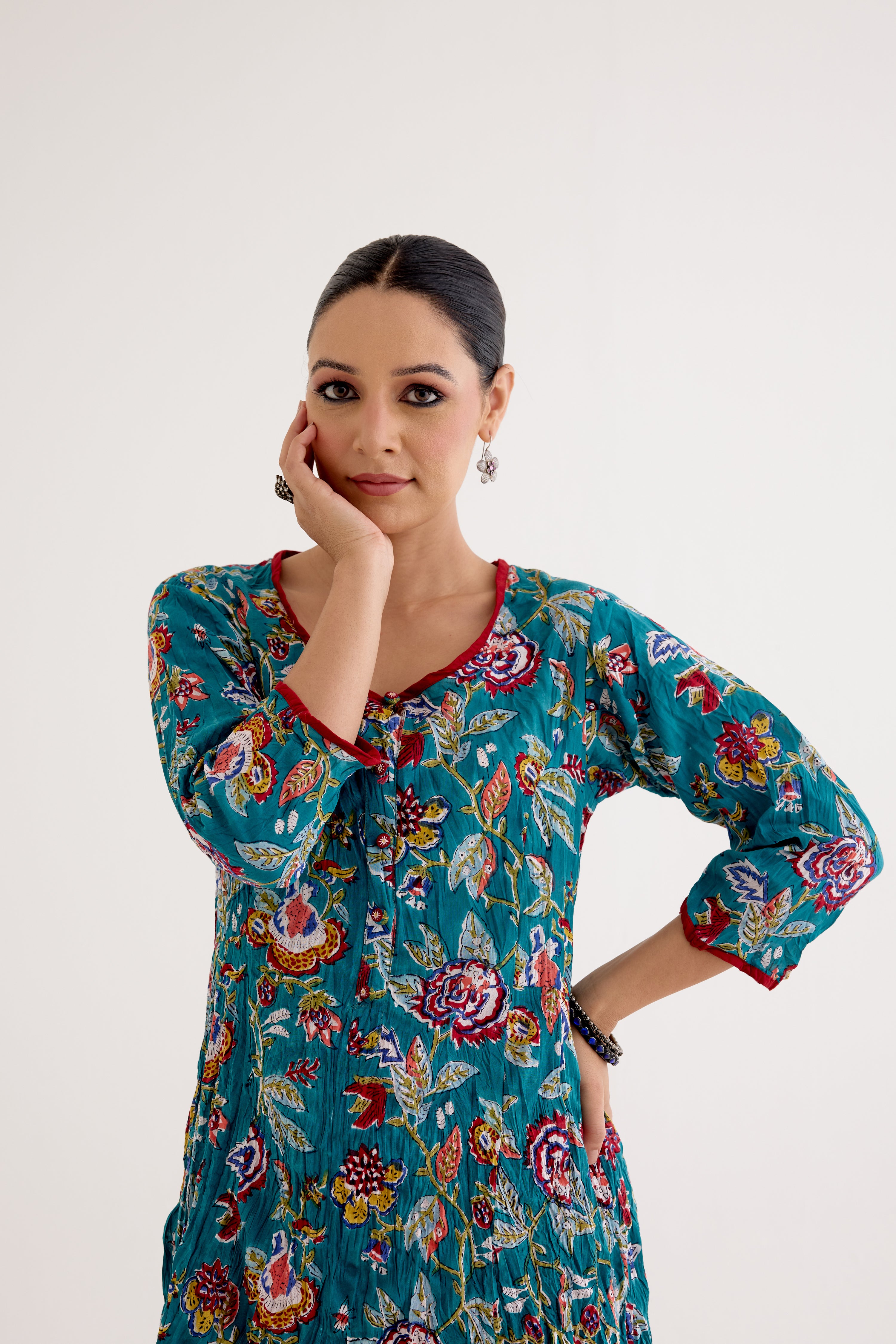 Tropical Block Printed Kurta Sea Green Red (10040145051947)