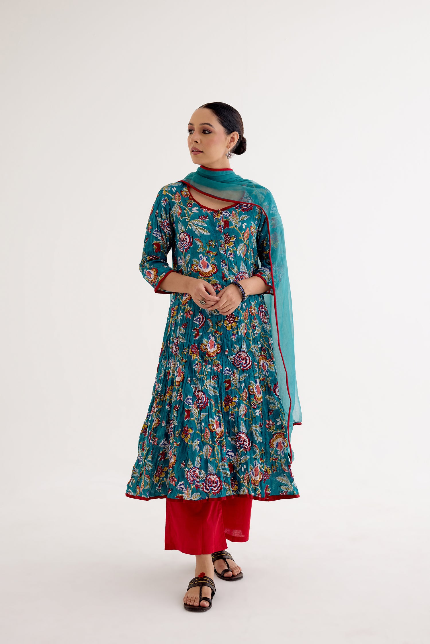 Tropical Block Printed Kurta Sea Green Red (10040145051947)