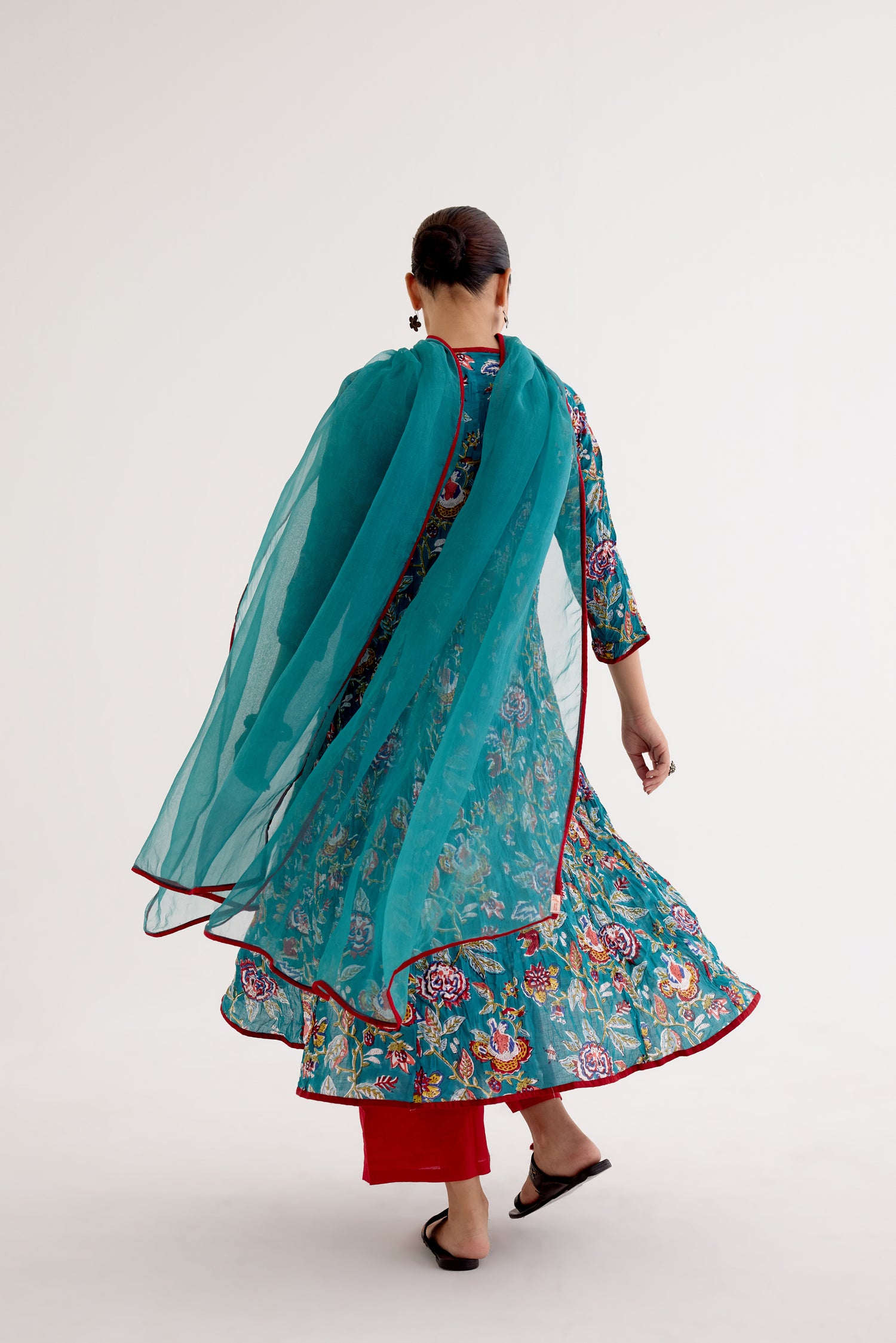 Tropical Block Printed Kurta Sea Green Red (10040145051947)