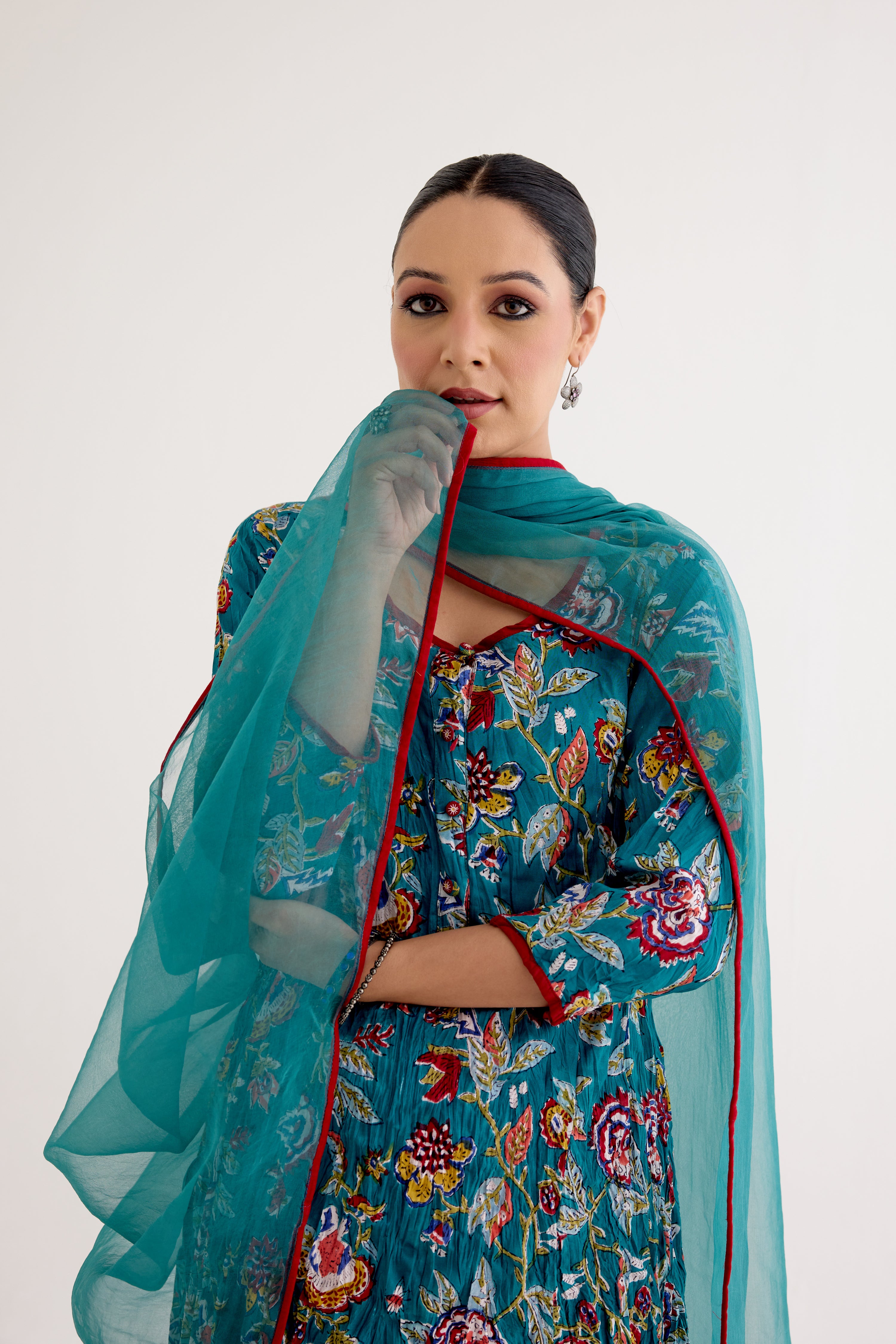 Tropical Block Printed Kurta Sea Green Red (10040145051947)