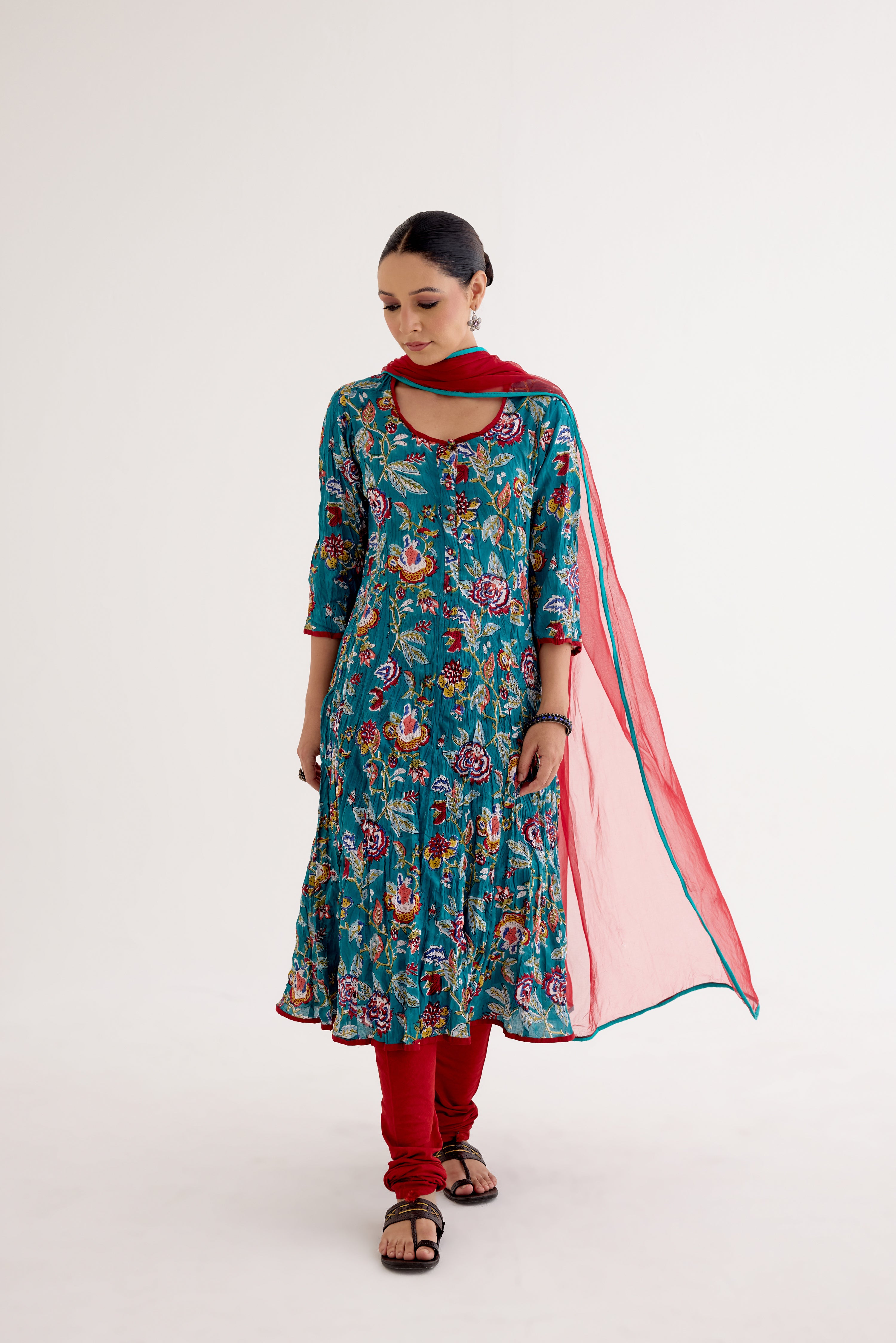 Tropical Block Printed Kurta Sea Green Red (10040145051947)