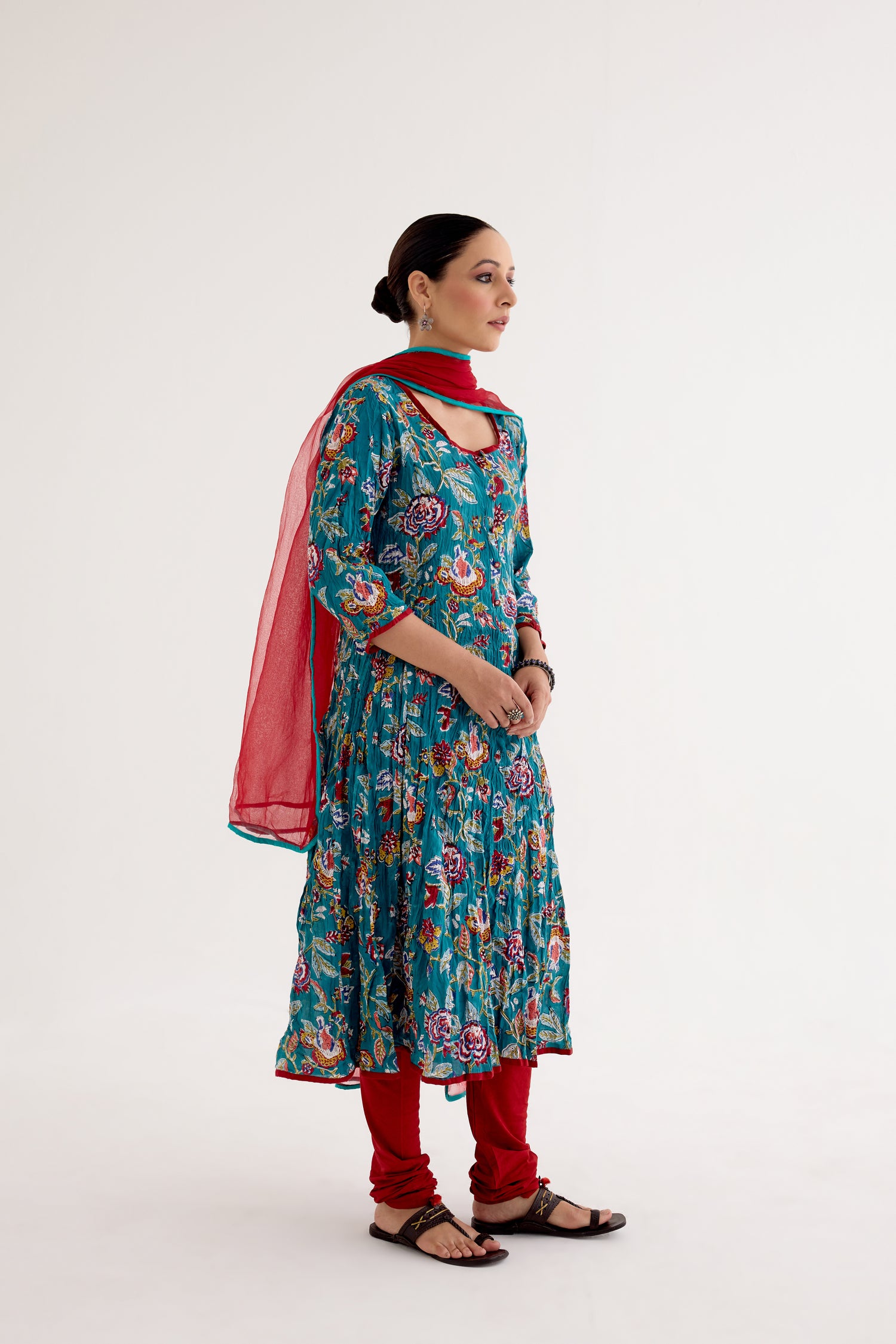 Tropical Block Printed Kurta Sea Green Red (10040145051947)