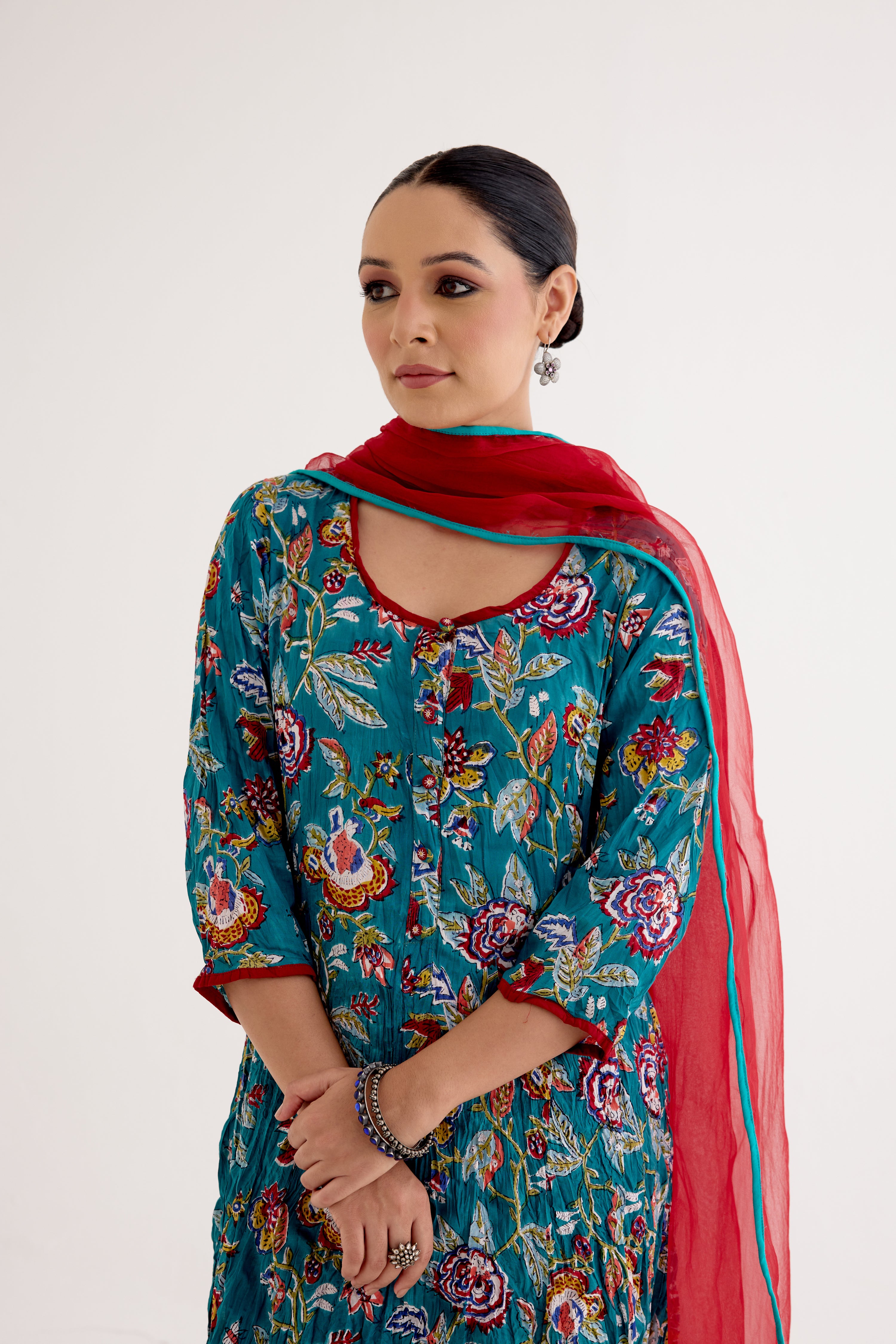 Tropical Block Printed Kurta Sea Green Red (10040145051947)