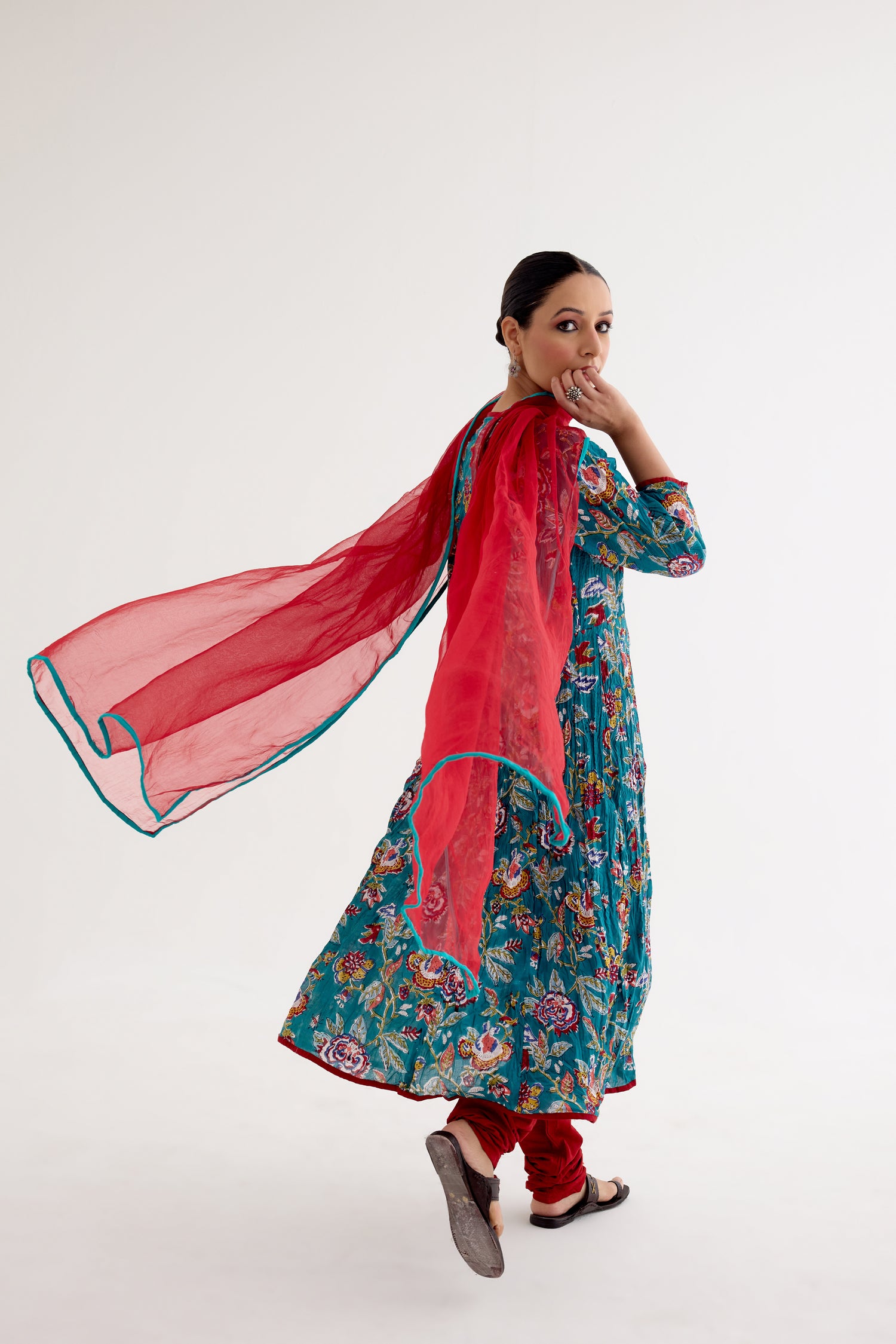 Tropical Block Printed Kurta Sea Green Red (10040145051947)