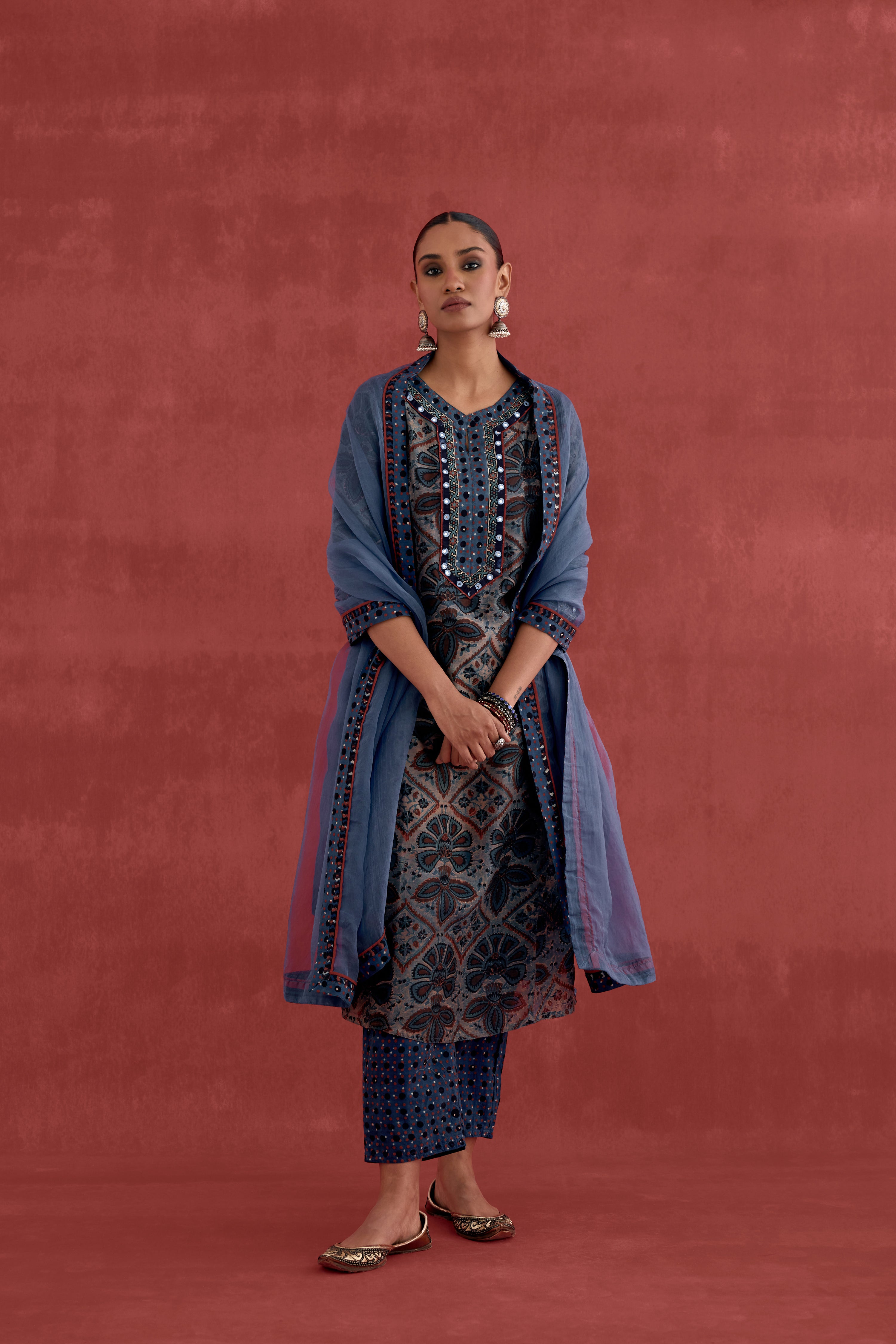 Adara Chanderi Vanaspati Block Printed Kurta Blue (10039928488235)