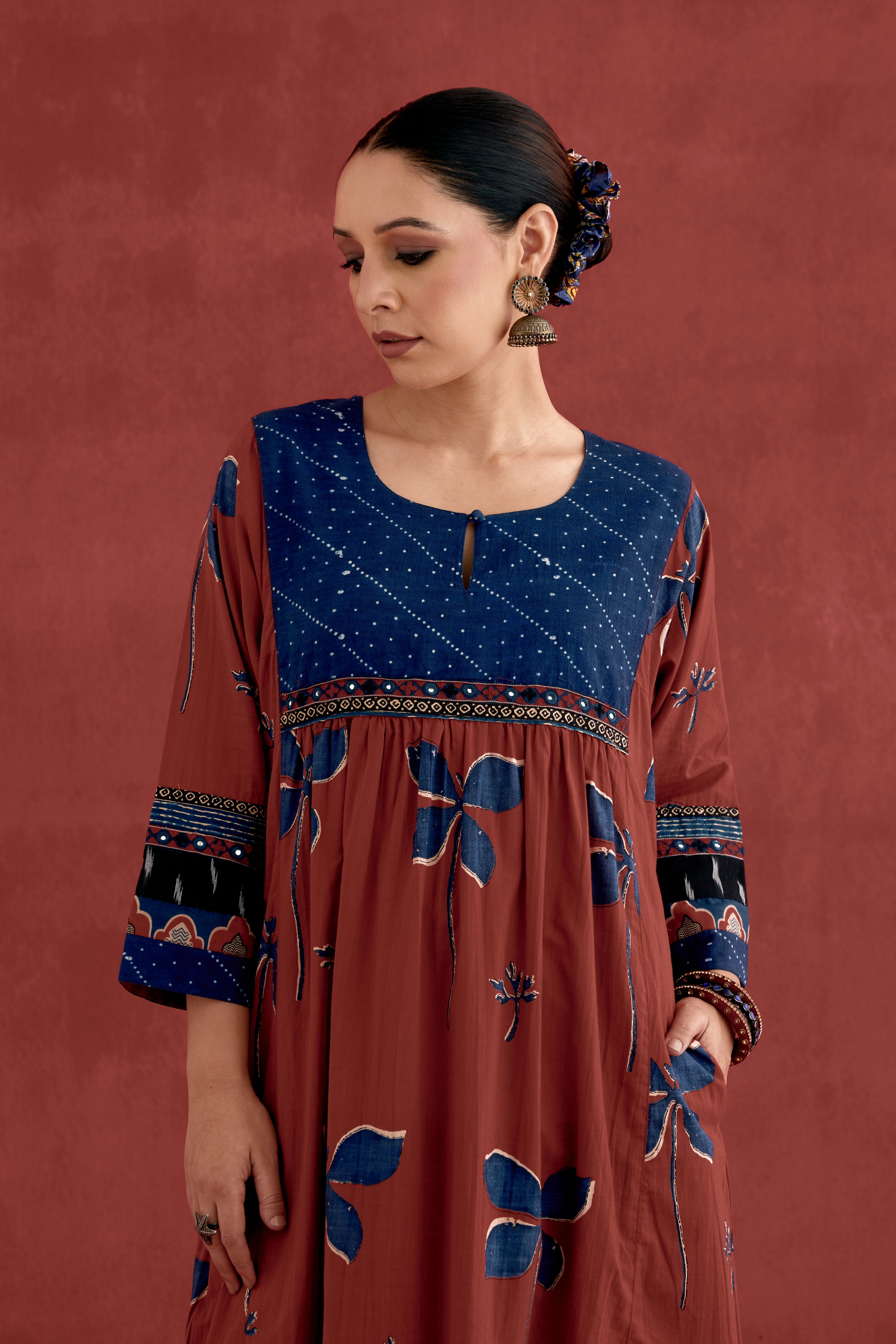 Banjara Cotton Ajrakh Block Printed Kurta Maroon (10039532486955)