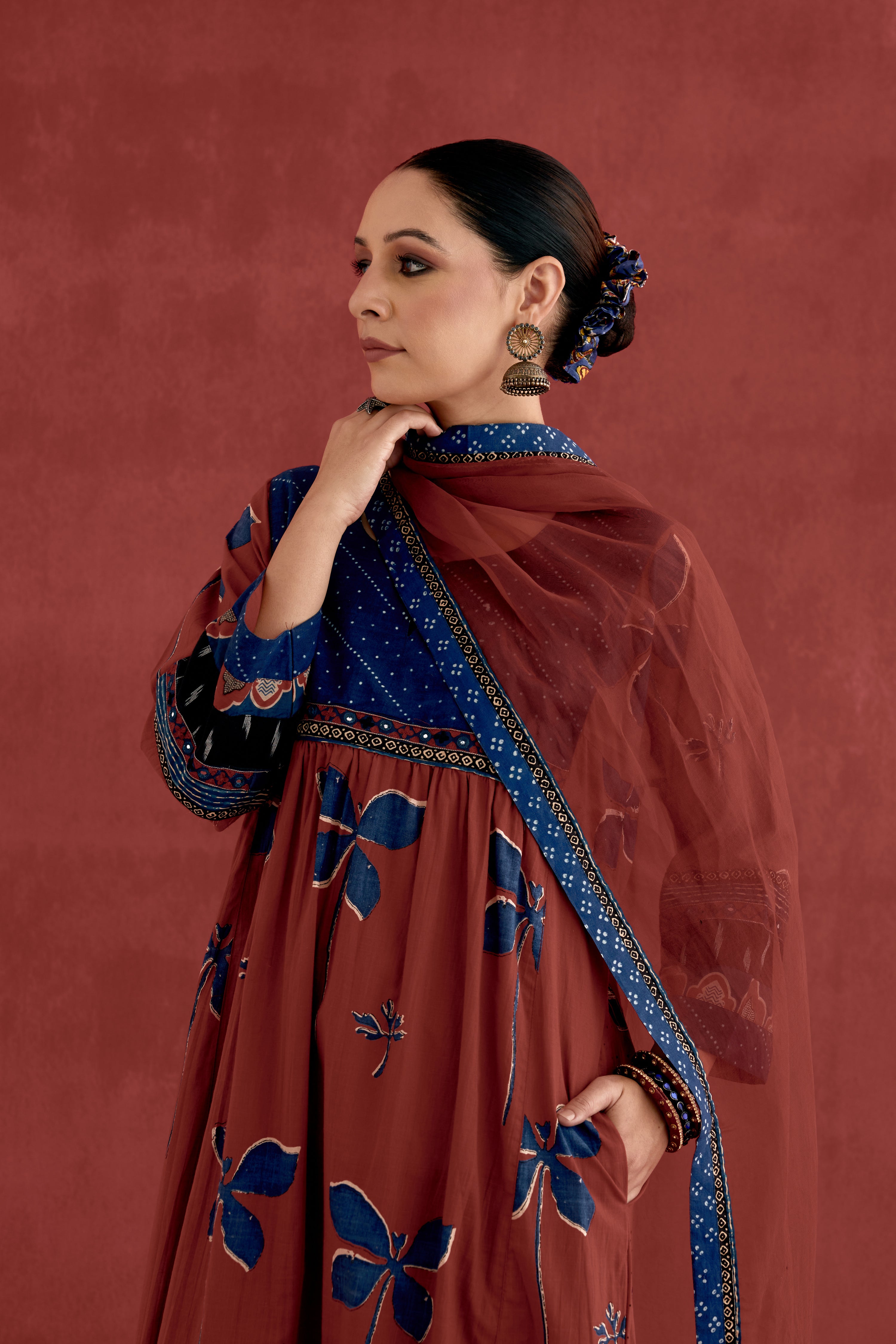 Banjara Cotton Ajrakh Block Printed Kurta Maroon (10039532486955)