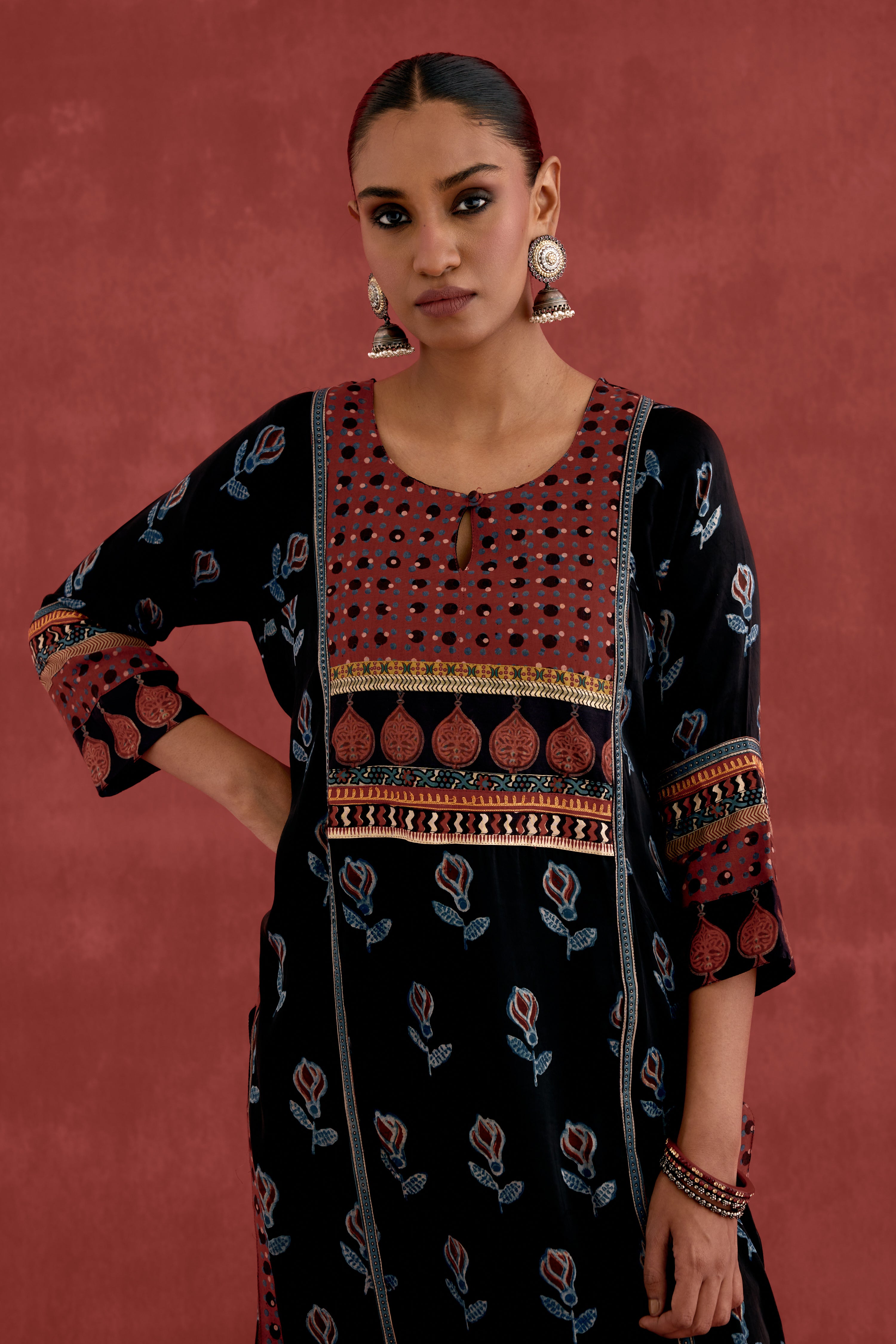 Rozana Modal Silk Block Printed Kurta Black (10039711891755)