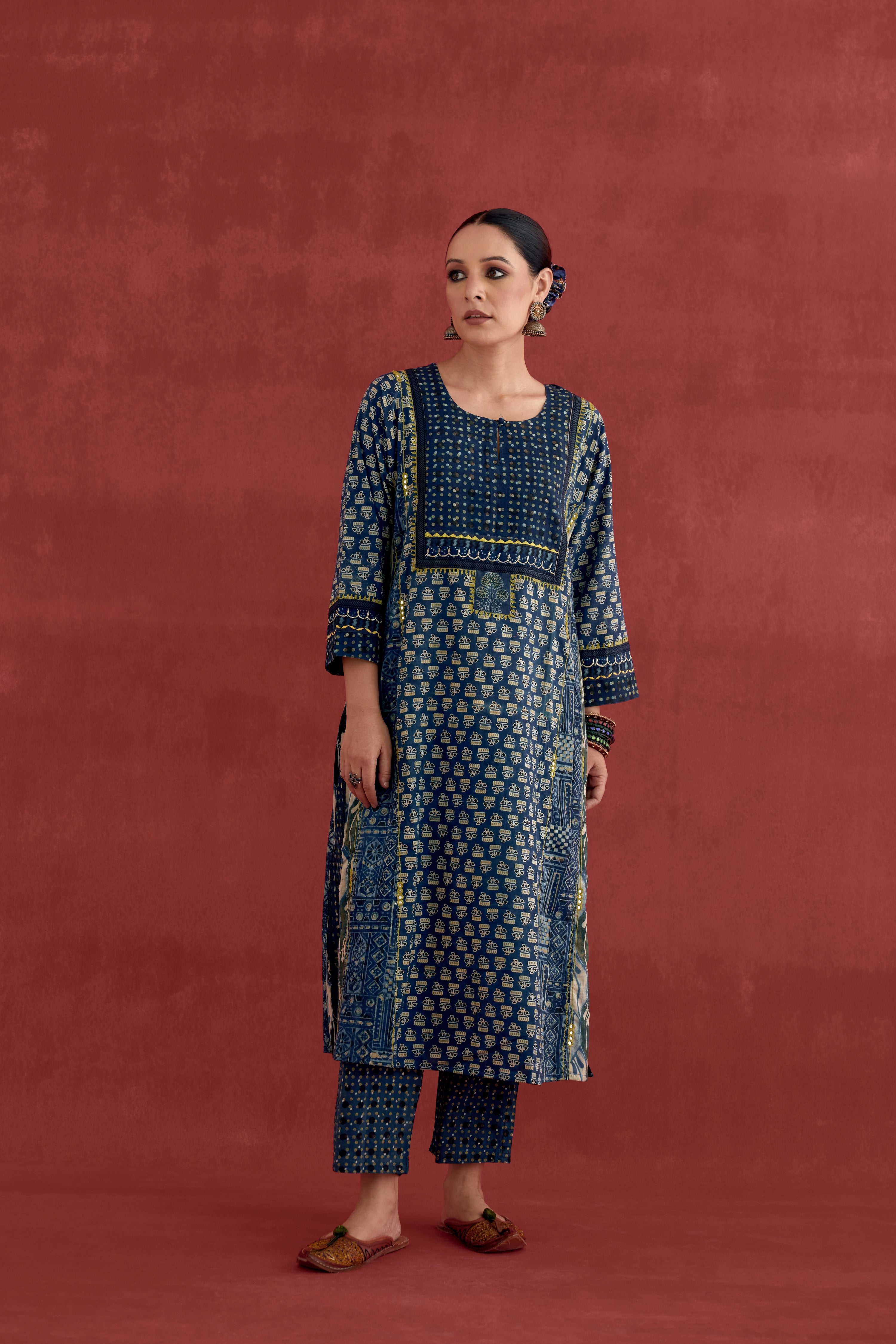 Adya Embroidered Cotton Ajrakh Block Printred Kurta Blue (10049059815723)