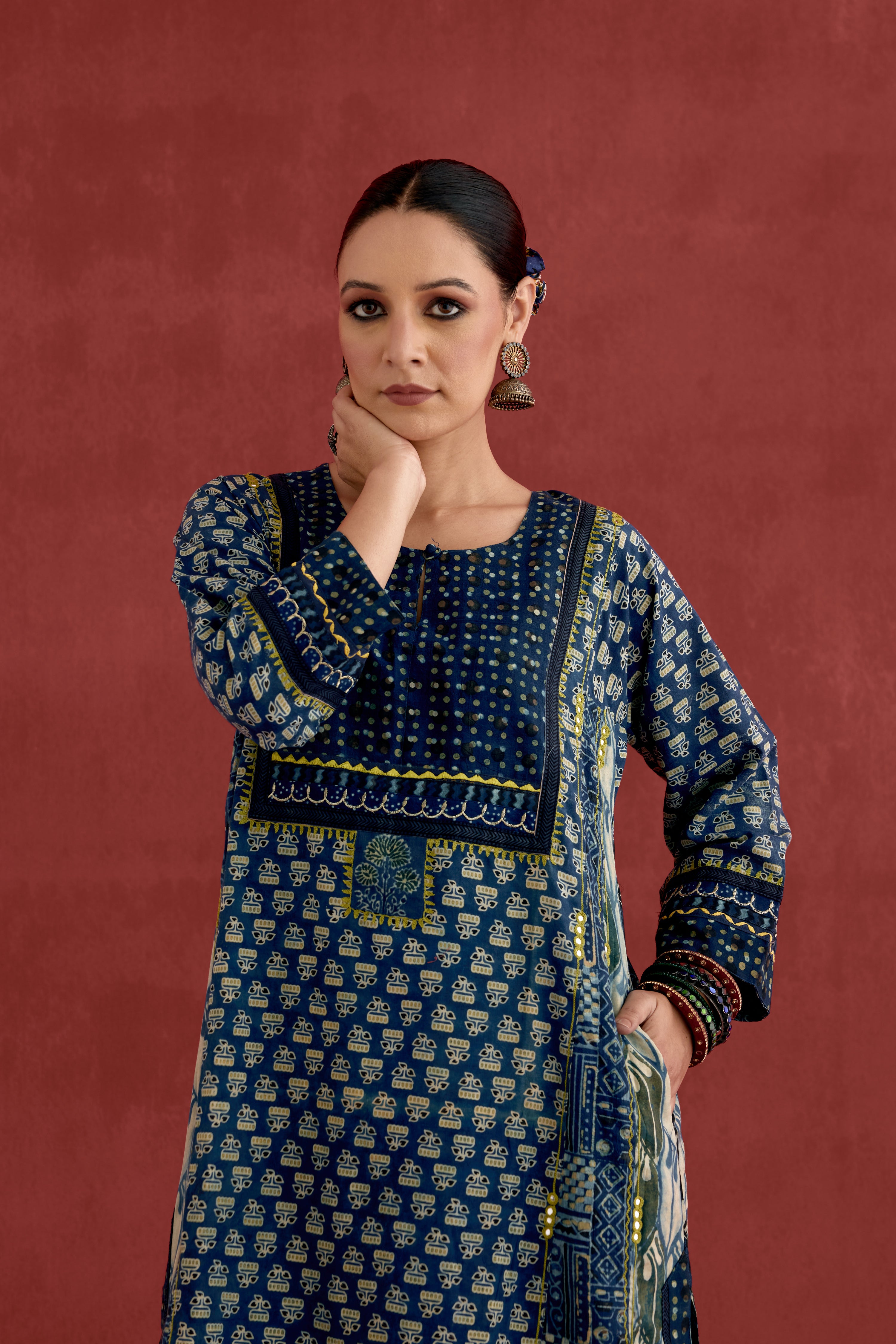 Adya Embroidered Cotton Ajrakh Block Printred Kurta Blue (10049059815723)